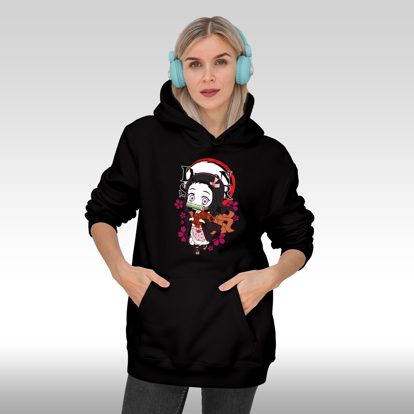 Hanorac Negru personalizat Fata dama anime "Demon Slayer Kamado Nezuko" streetwear

