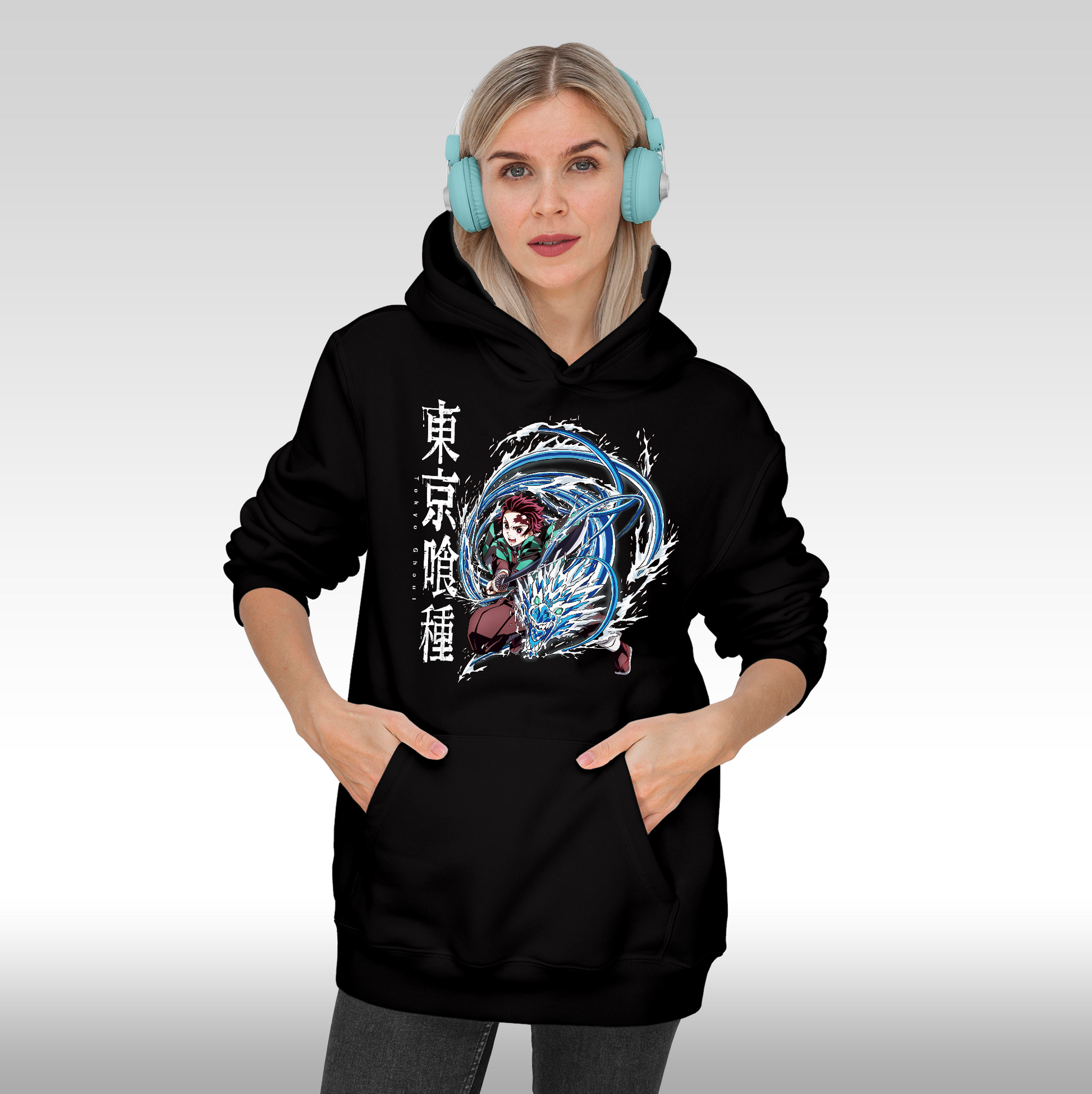 Hanorac Negru personalizat Fata dama anime "Demon Slayer Tanjiro" streetwear
