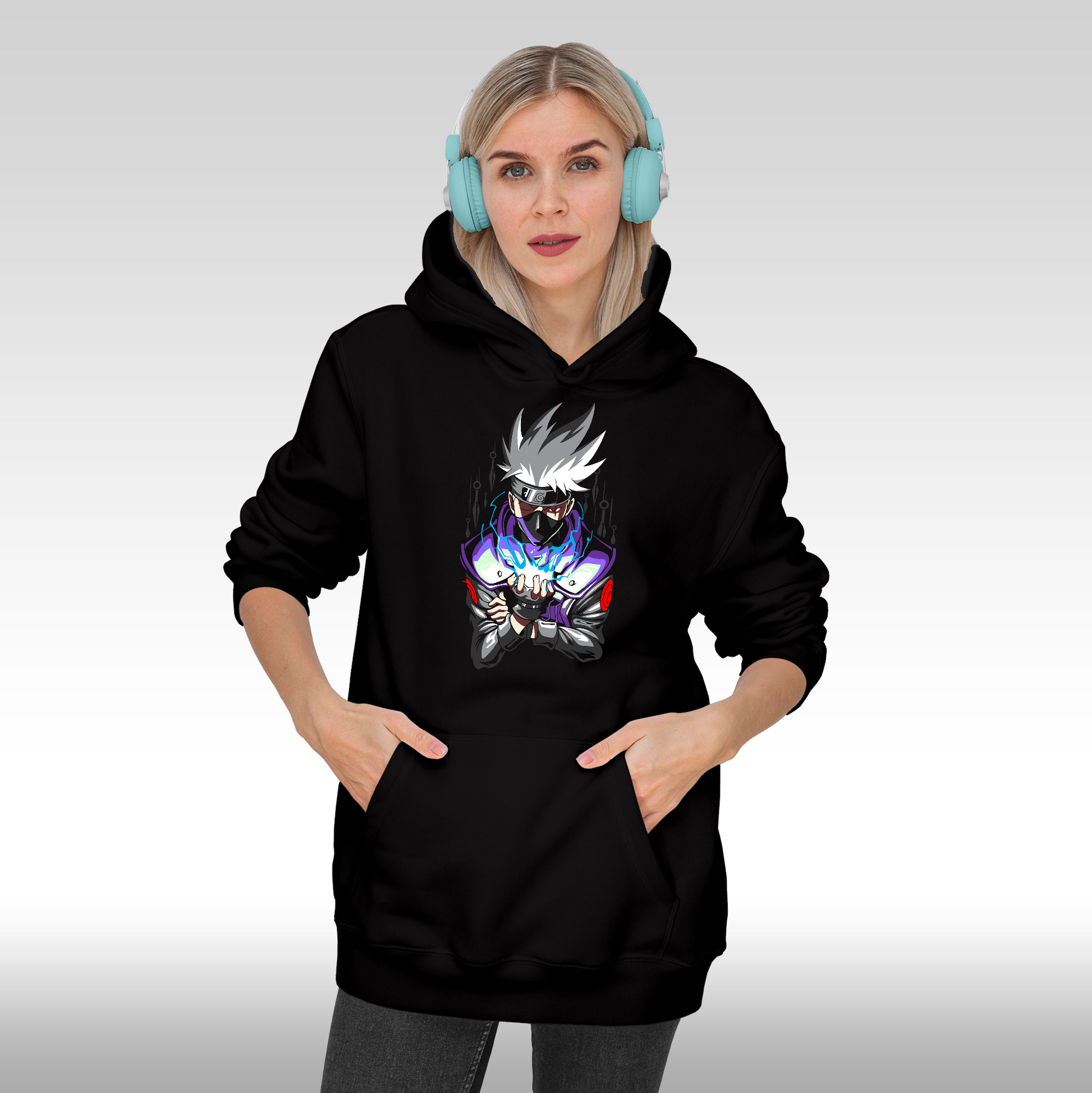 Hanorac Negru personalizat Fata dama anime "Kakashi" streetwear
