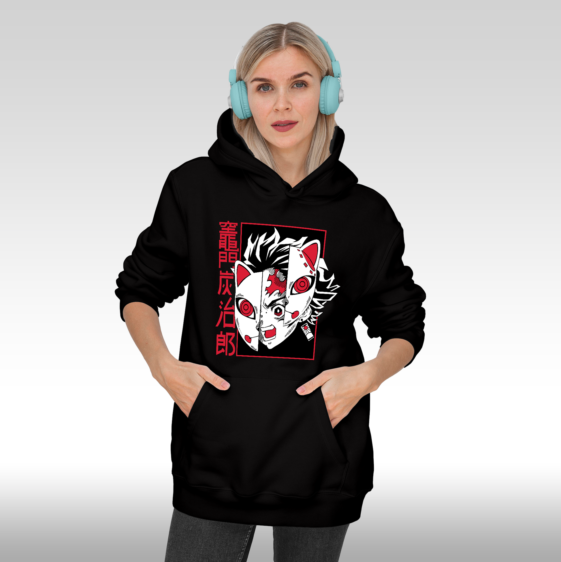 Hanorac Negru personalizat Fata dama anime "Tanjiro Kamado Kimetsu" streetwear
