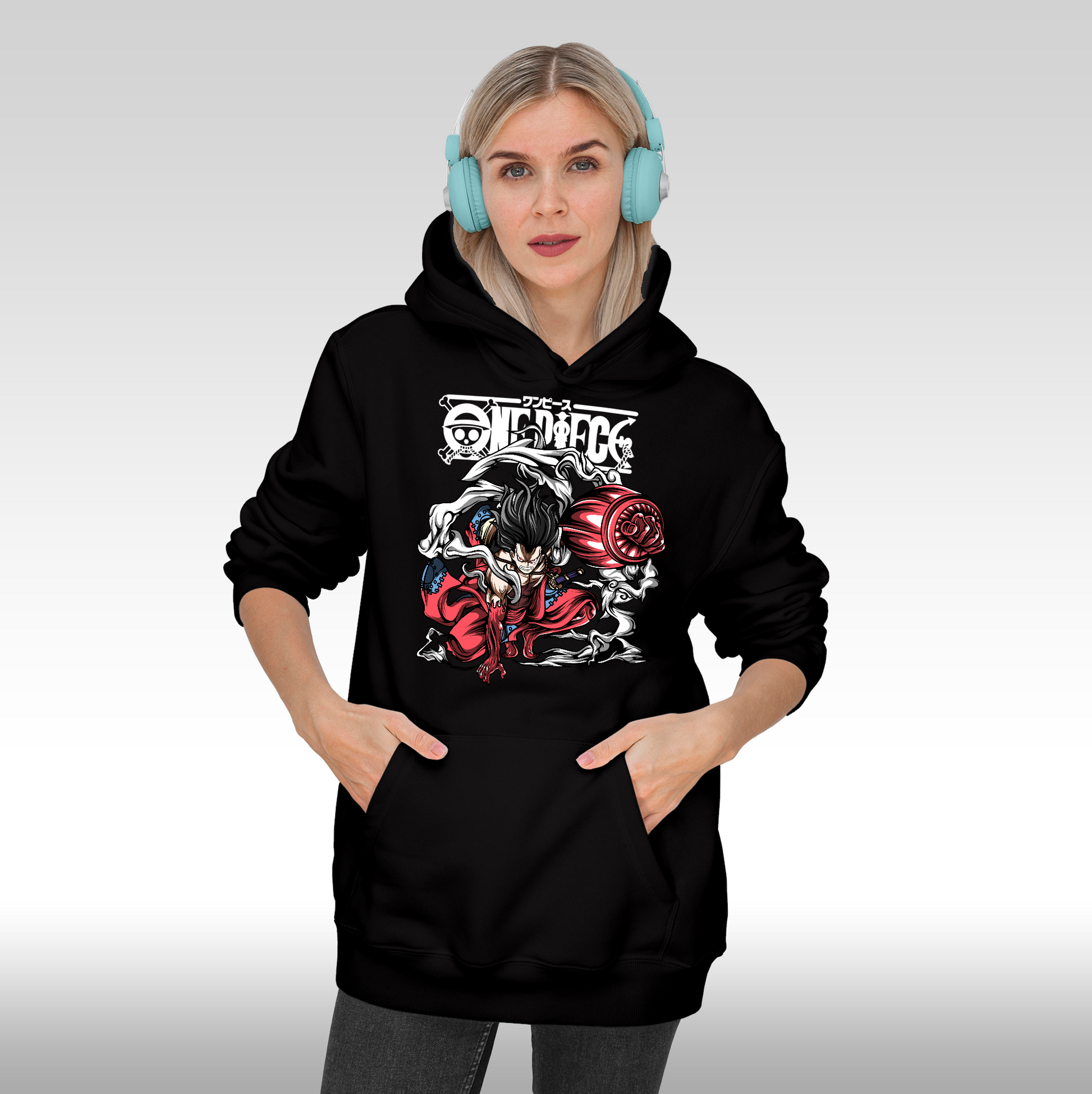 Hanorac Negru personalizat Fata dama anime "Luffy Gear 4" streetwear
