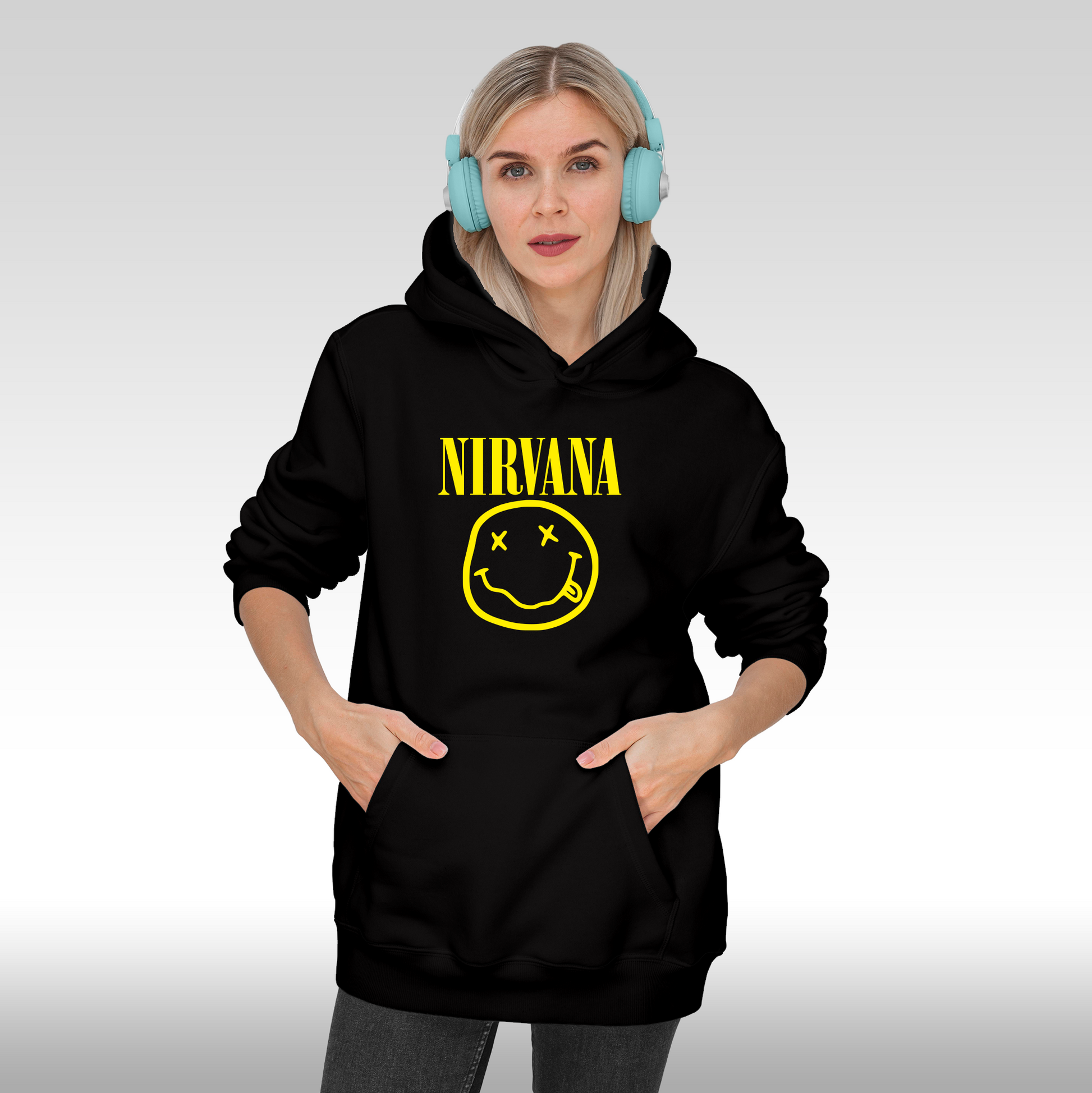 Hanorac Negru personalizat Fata dama rock "Nirvana Smile Face" streetwear
