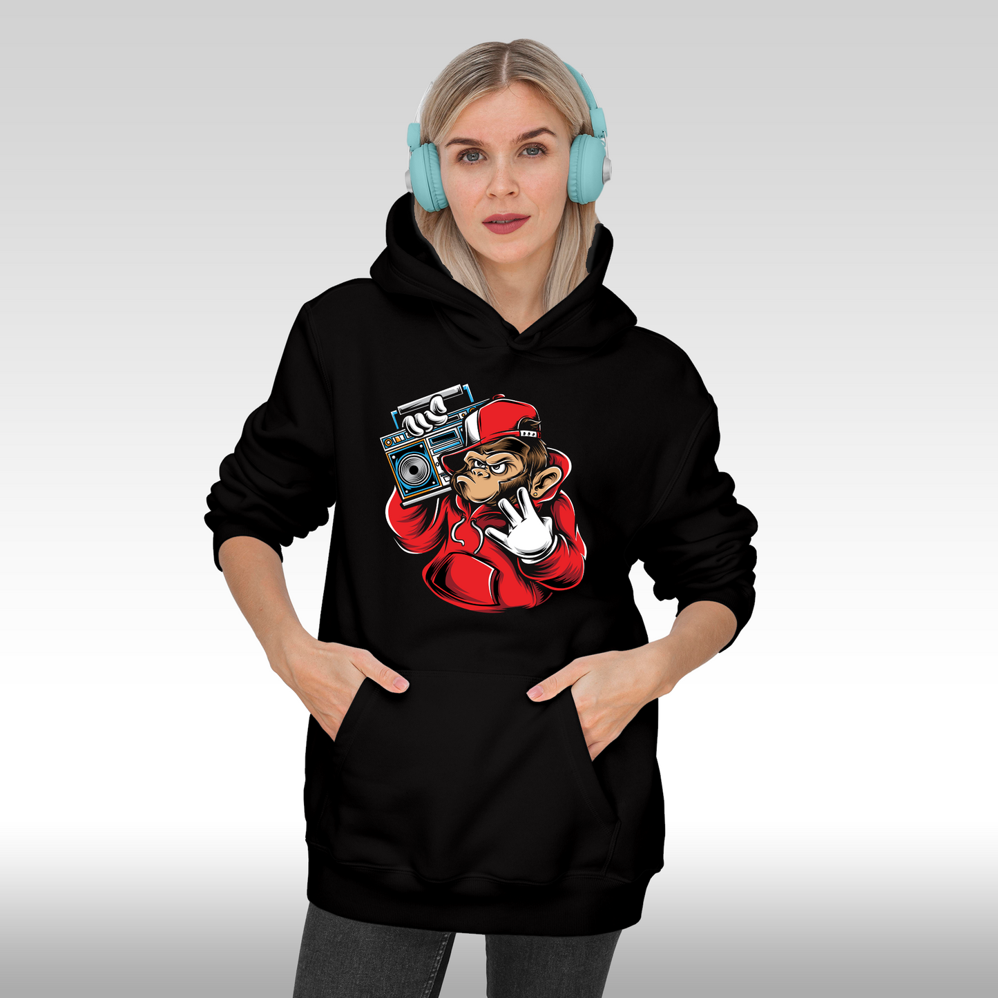 Hanorac Negru personalizat Fata dama urban "Boombox Ape" streetwear
