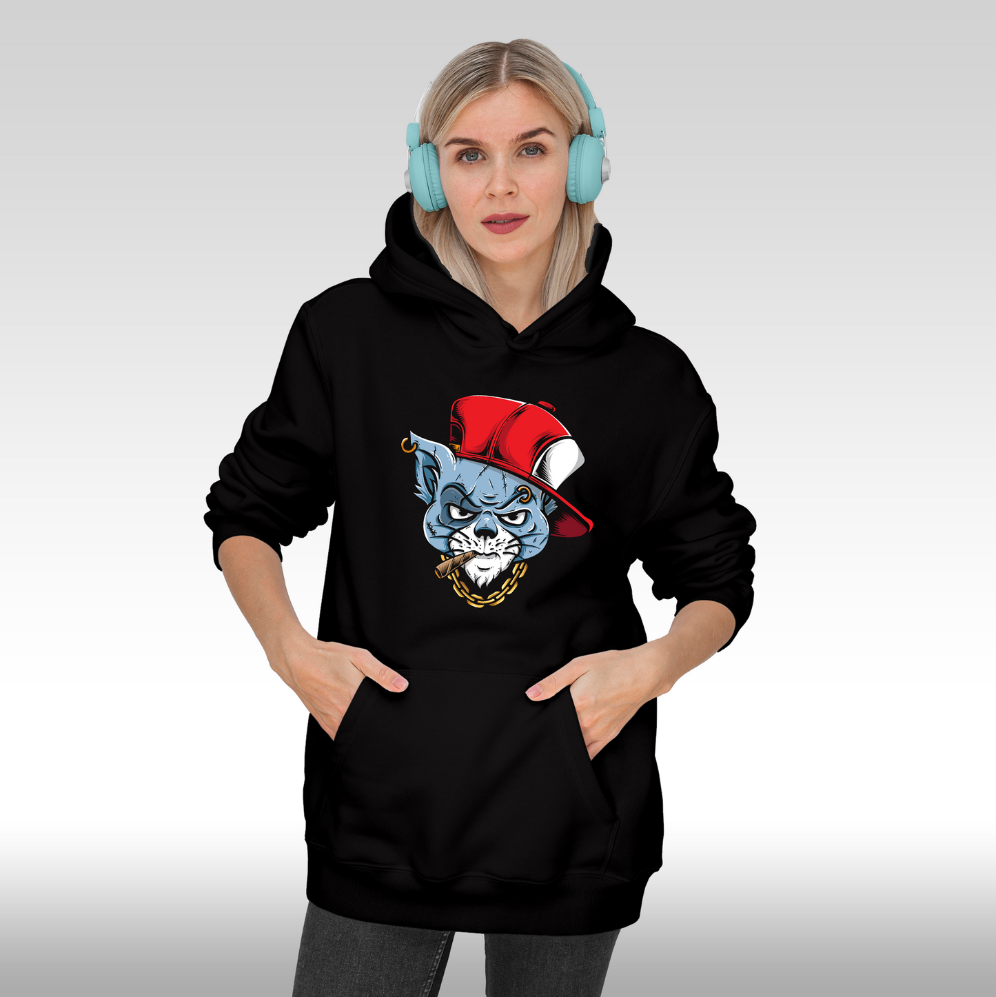 Hanorac Negru personalizat Fata dama urban "Gangsta Cat" streetwear
