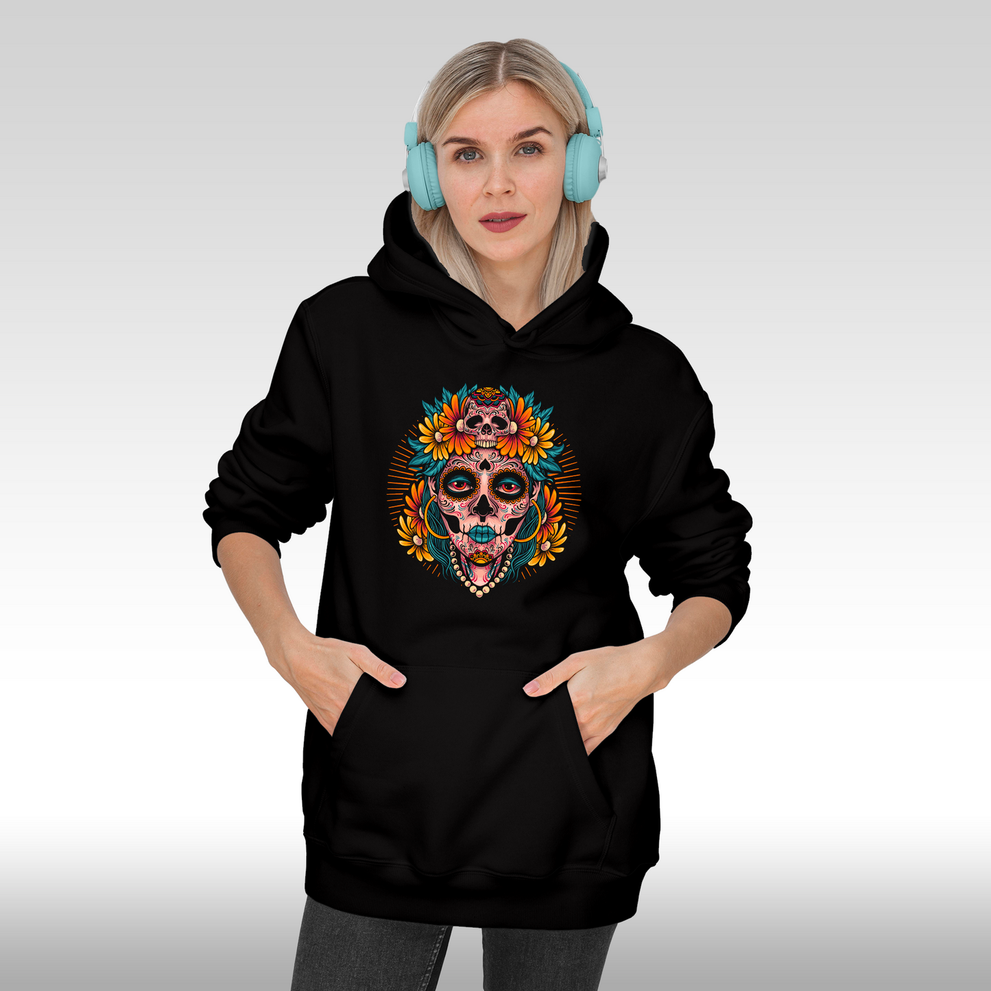 Hanorac Negru personalizat Fata dama urban "La Catrina Floral" streetwear
