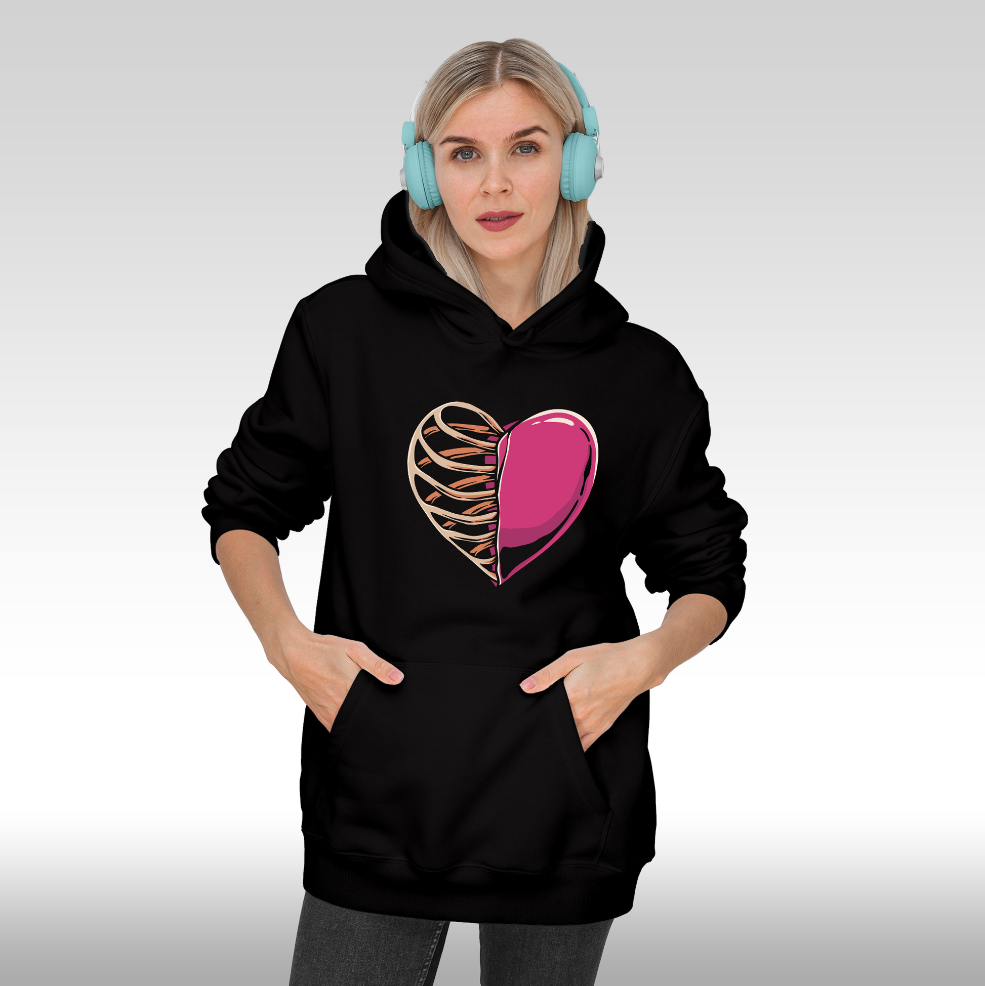 Hanorac Negru personalizat Fata dama urban "Half Heart, Half Bones" streetwear
