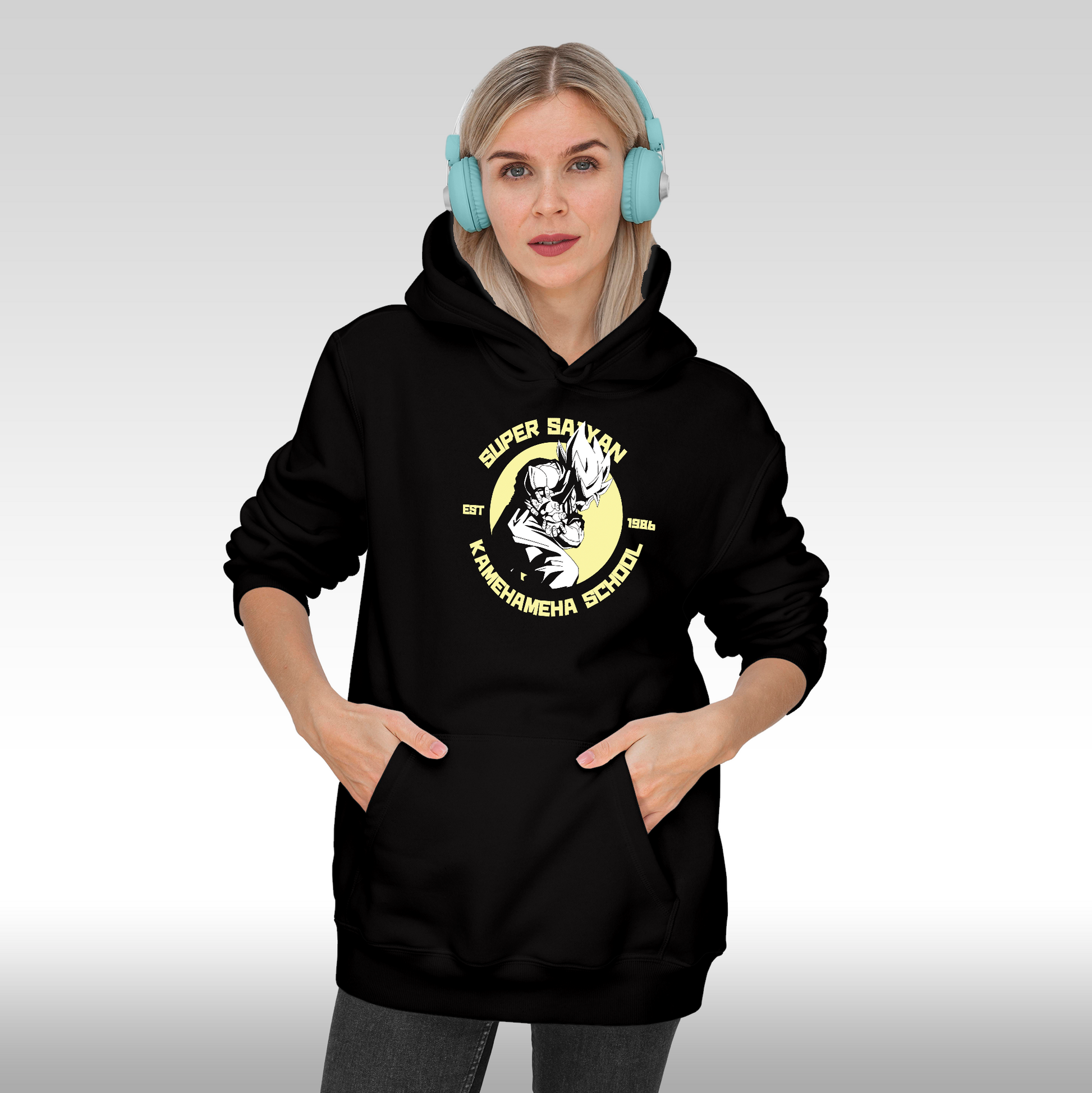 Hanorac Negru personalizat Fata dama anime "Super Sayan Kamehameha School" streetwear

