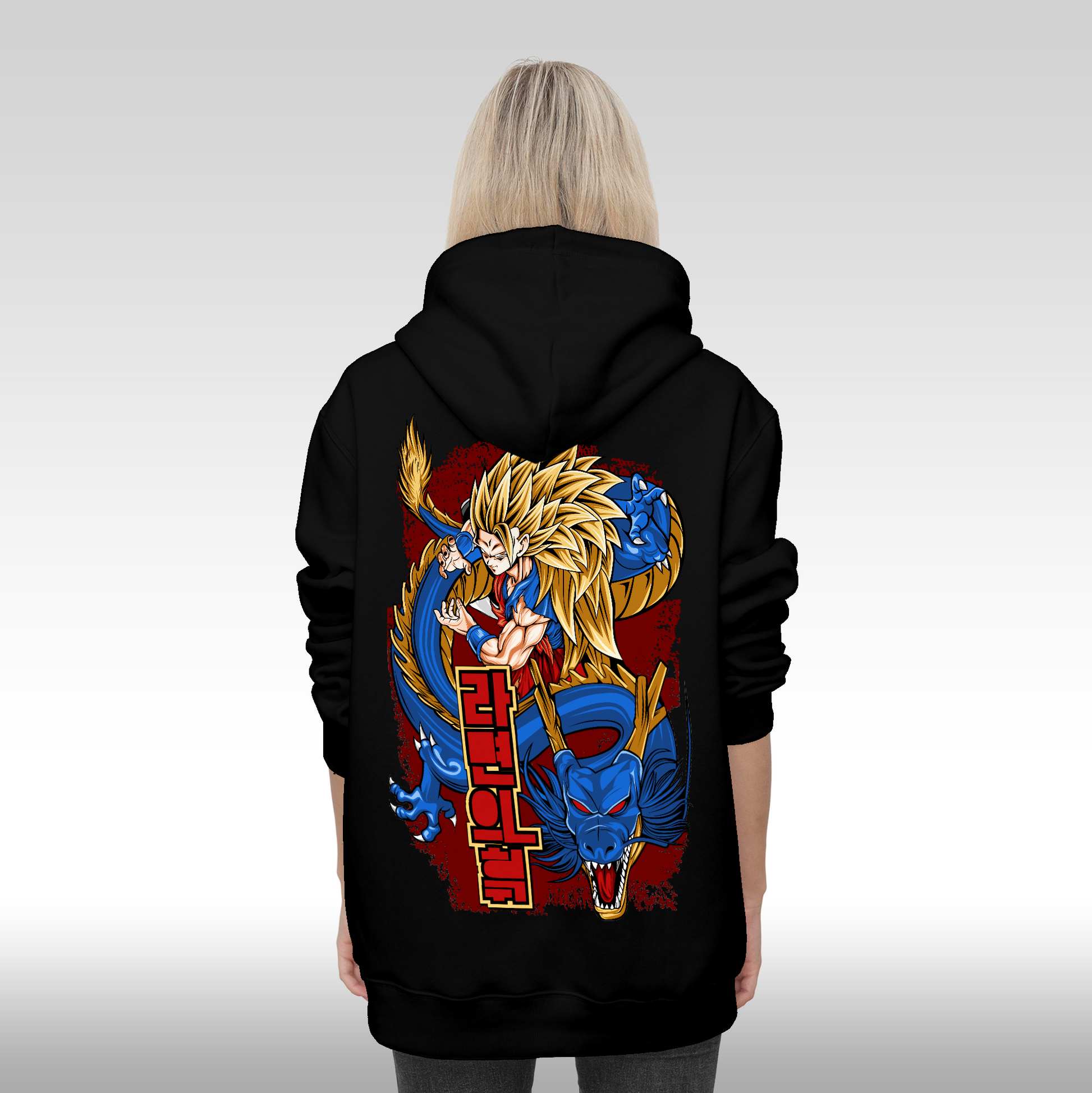 Hanorac Negru personalizat Spate dama anime "Goku Super Sayan-Jin 3" streetwear
