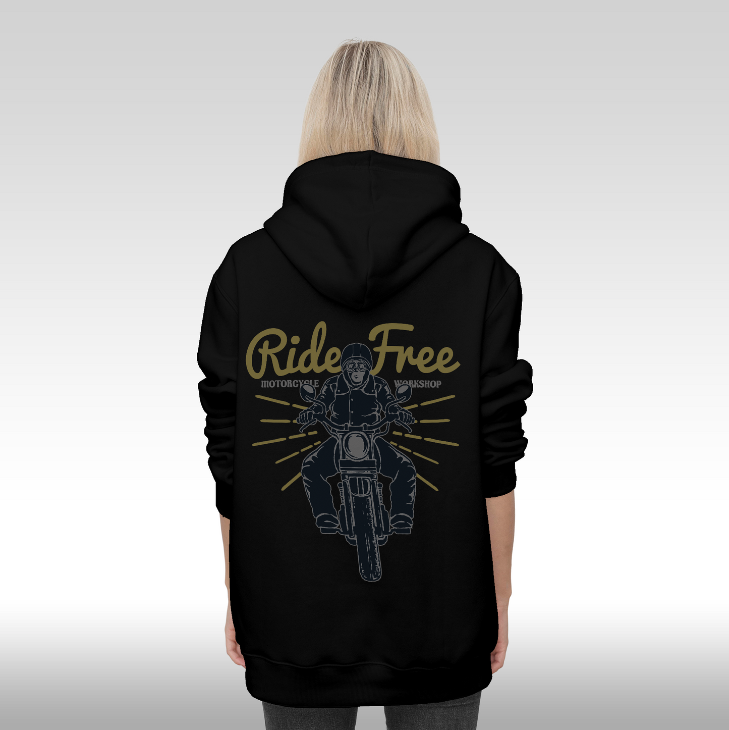 Hanorac Negru personalizat Spate dama rock "Ride Free Motorcycle Workshop" streetwear
