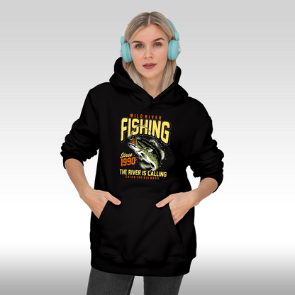 Hanorac Negru personalizat Fata dama pescar "Fishing Since 1990" streetwear
