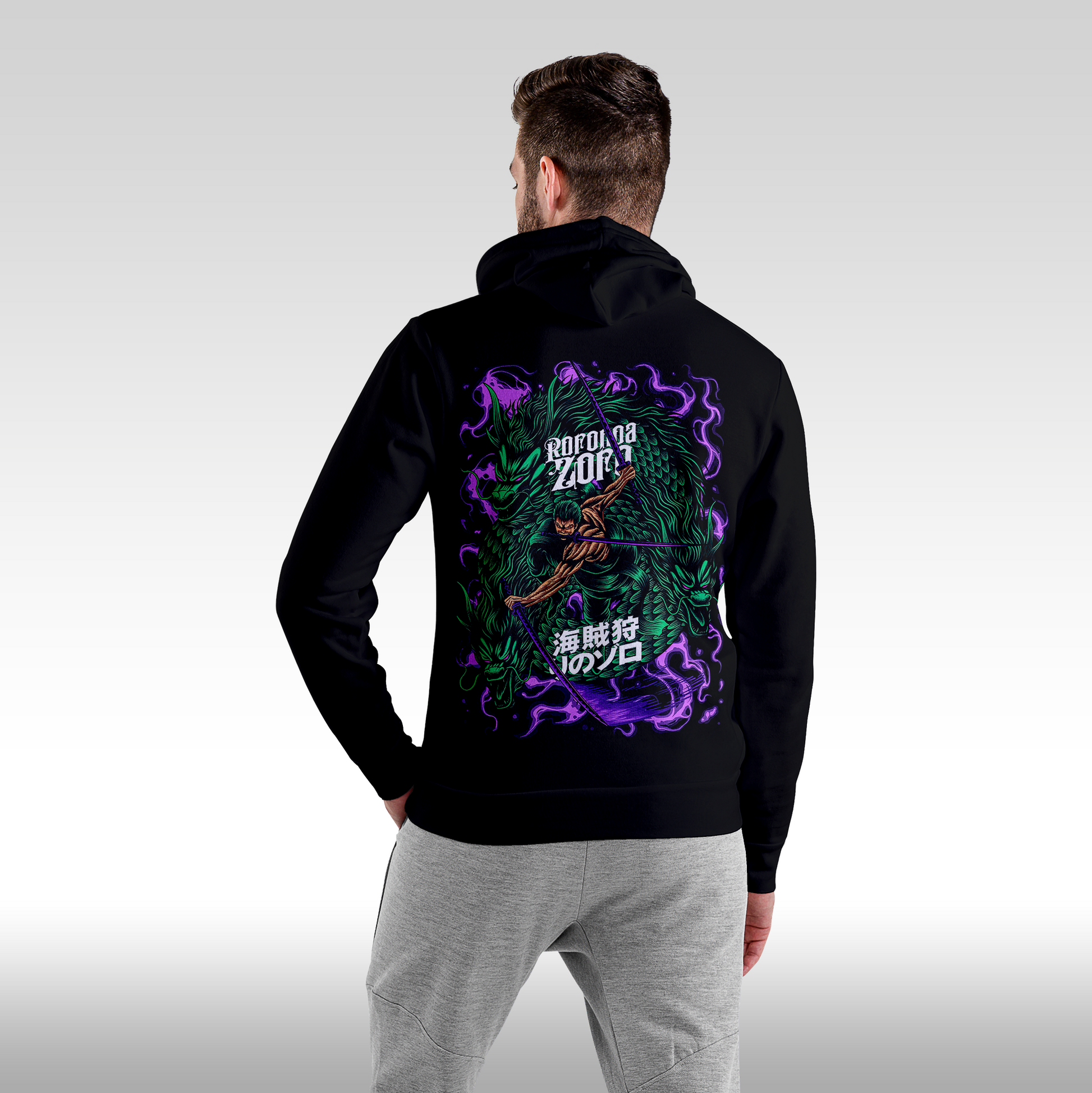 Hanorac Negru personalizat spate barbat anime "One Piece: Roronoa Zoro" streetwear
