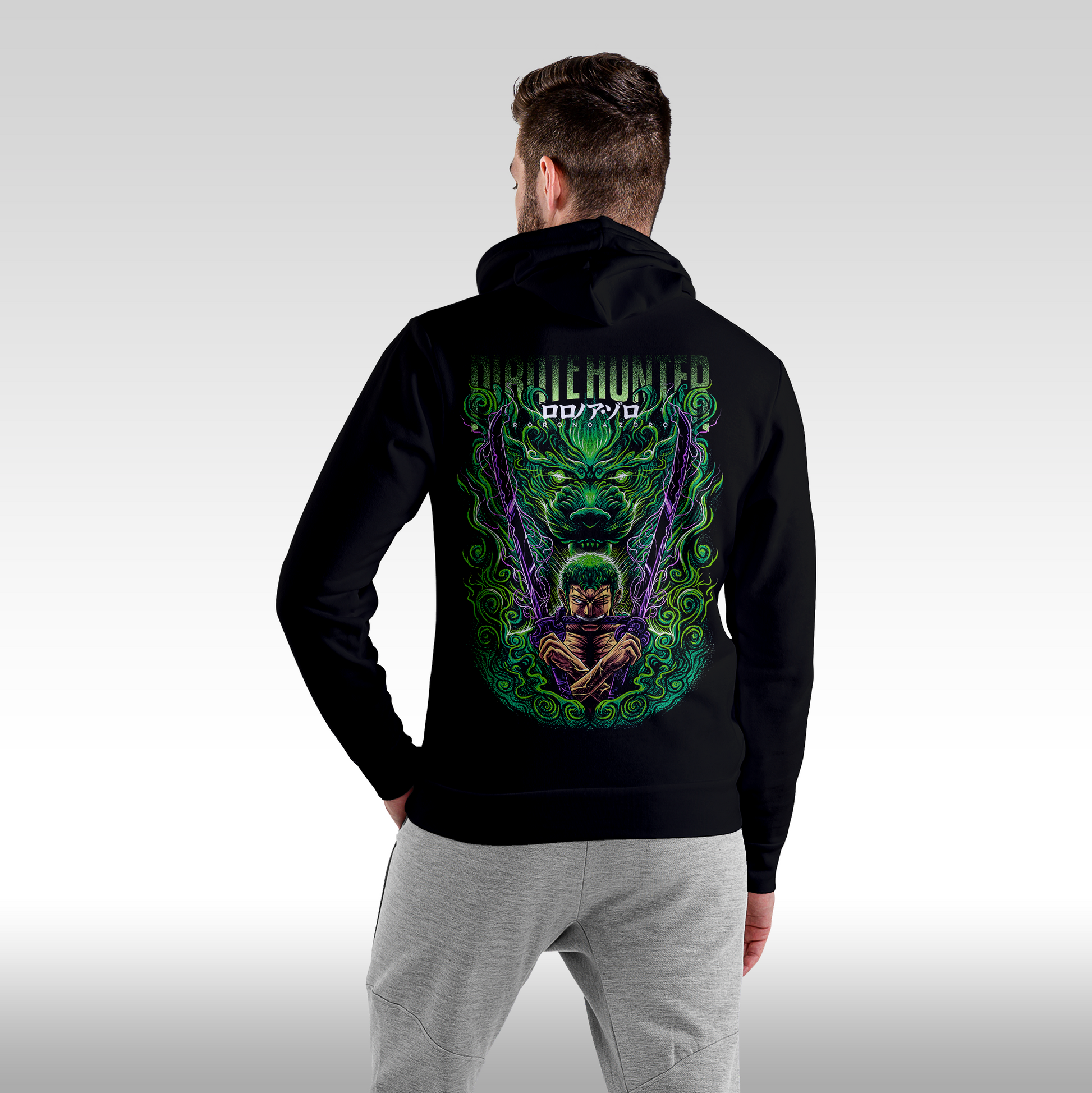 Hanorac Negru personalizat spate barbat anime "Pirate-Hunter-Roronoa-Zoro" streetwear
