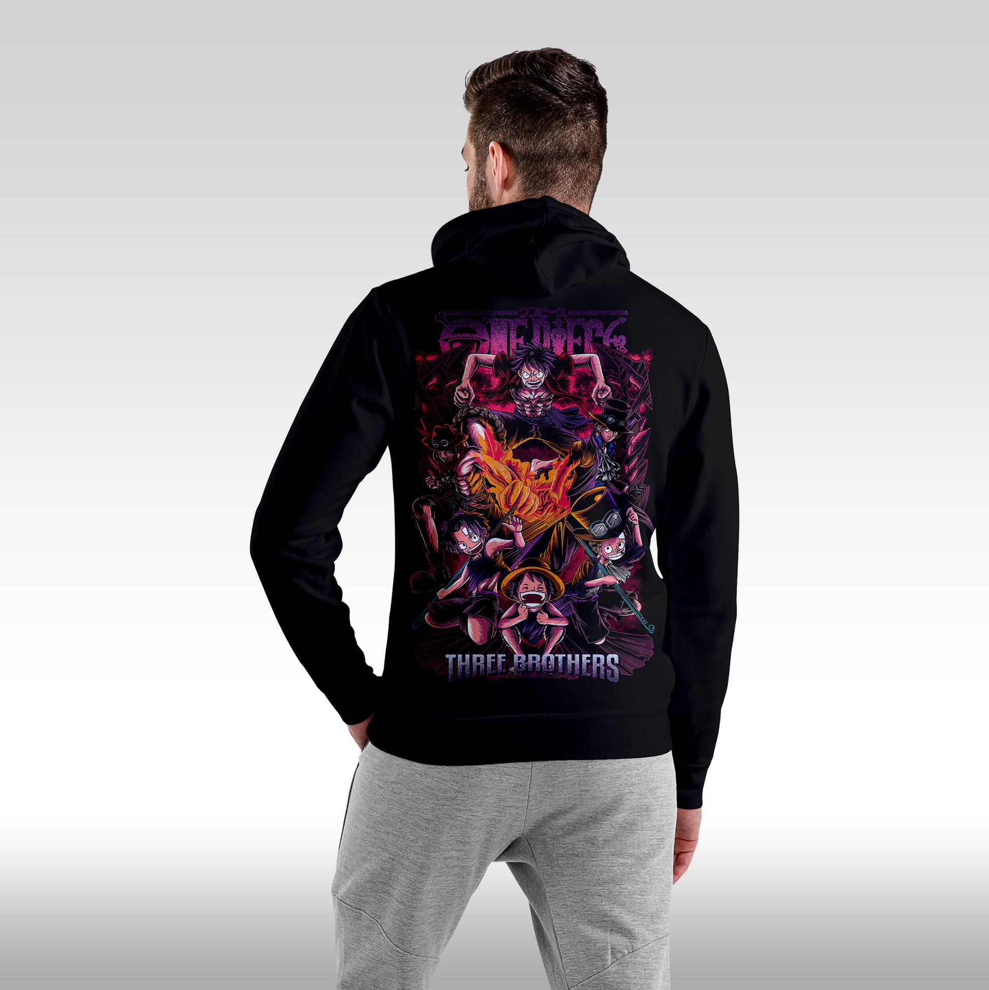Hanorac Negru personalizat spate barbat anime "One Piece: Three Brothers" streetwear
