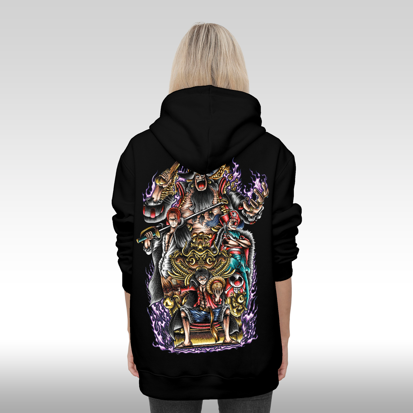 Hanorac Negru personalizat spate Dama anime "Luffy, Shanks, Blackbeard, Buggy" streetwear
