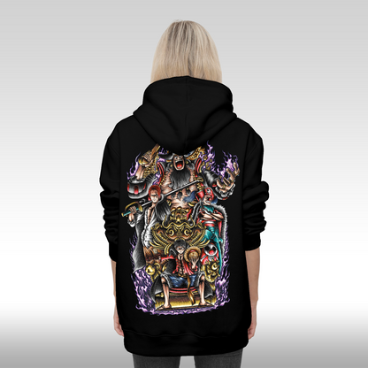 Hanorac Negru personalizat spate Dama anime "Luffy, Shanks, Blackbeard, Buggy" streetwear
