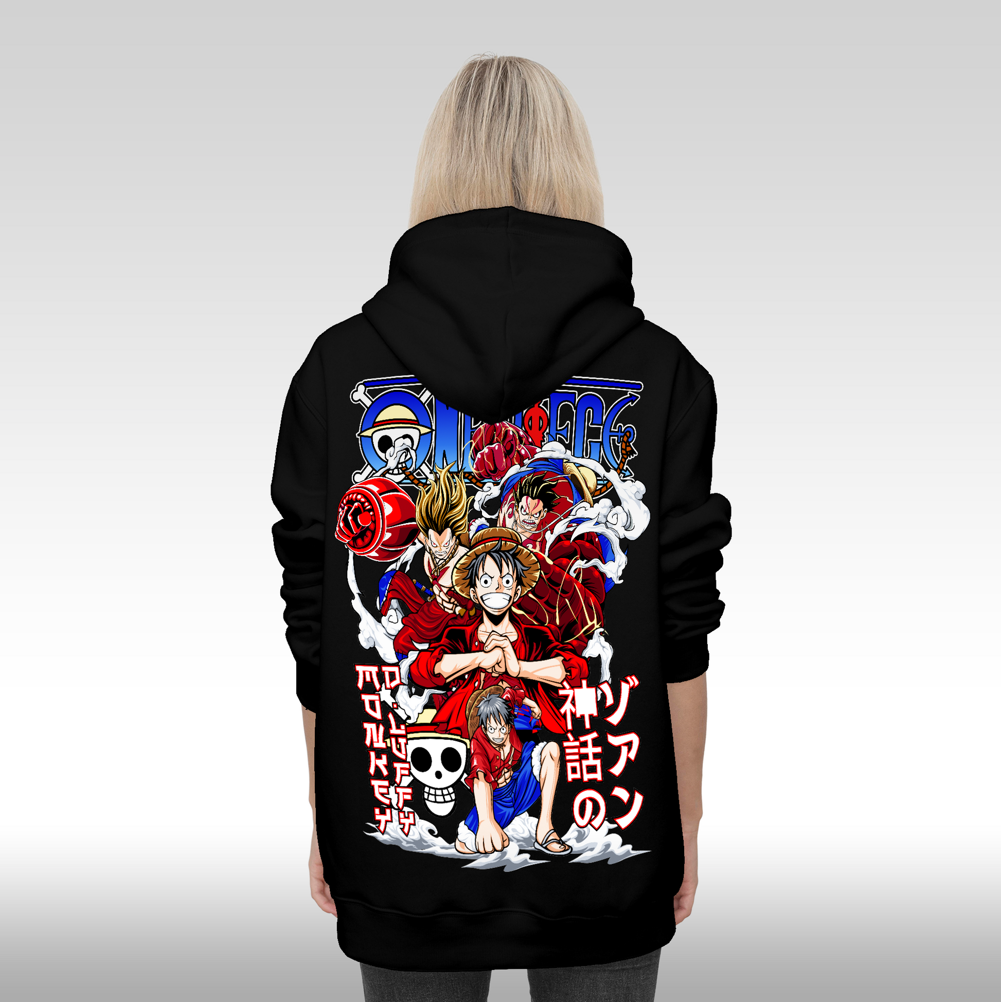 Hanorac Negru personalizat spate Dama anime "One Piece: Monkey D. Luffy" streetwear
