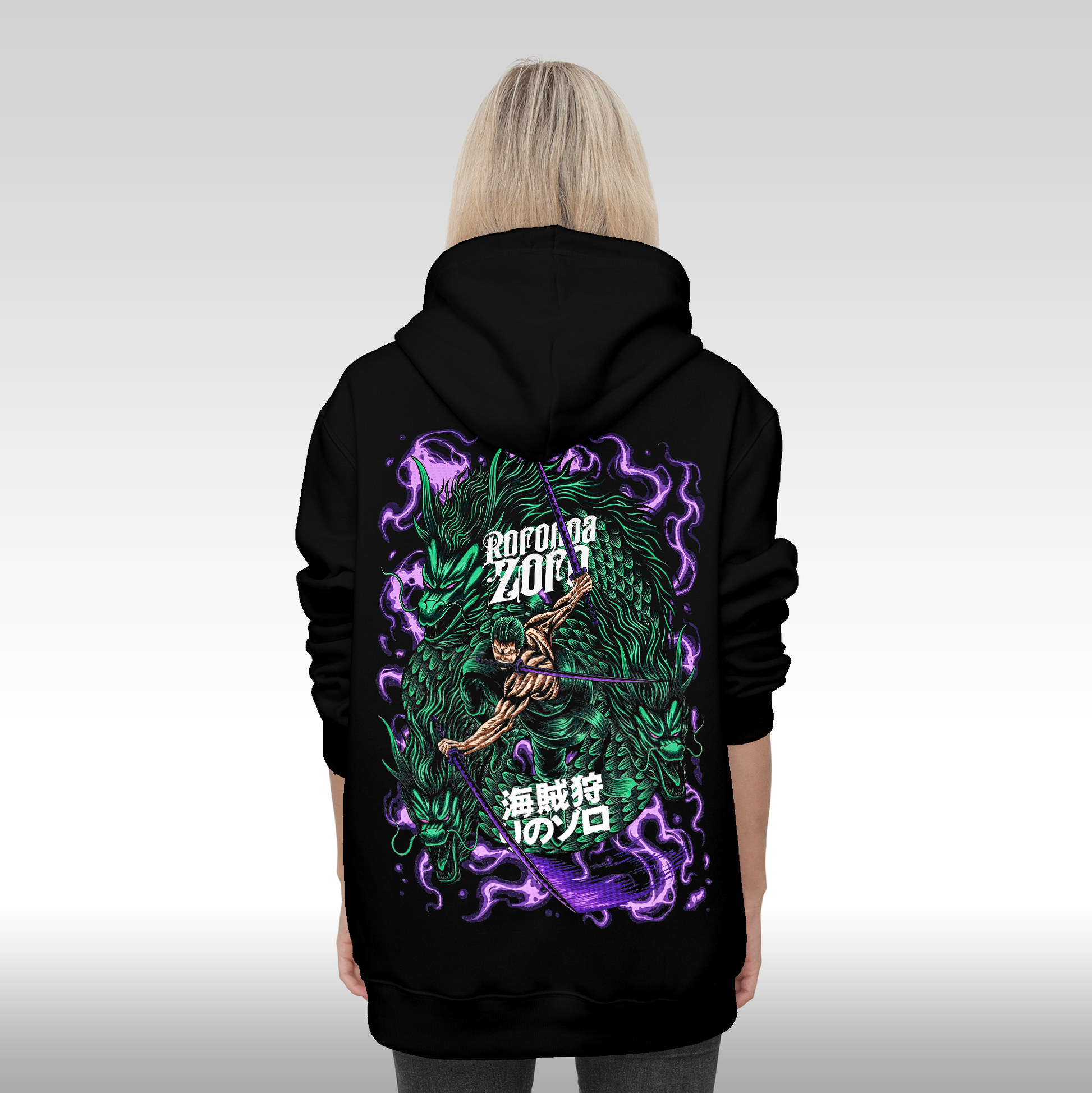 Hanorac Negru personalizat spate Dama anime "One Piece: Roronoa Zoro" streetwear
