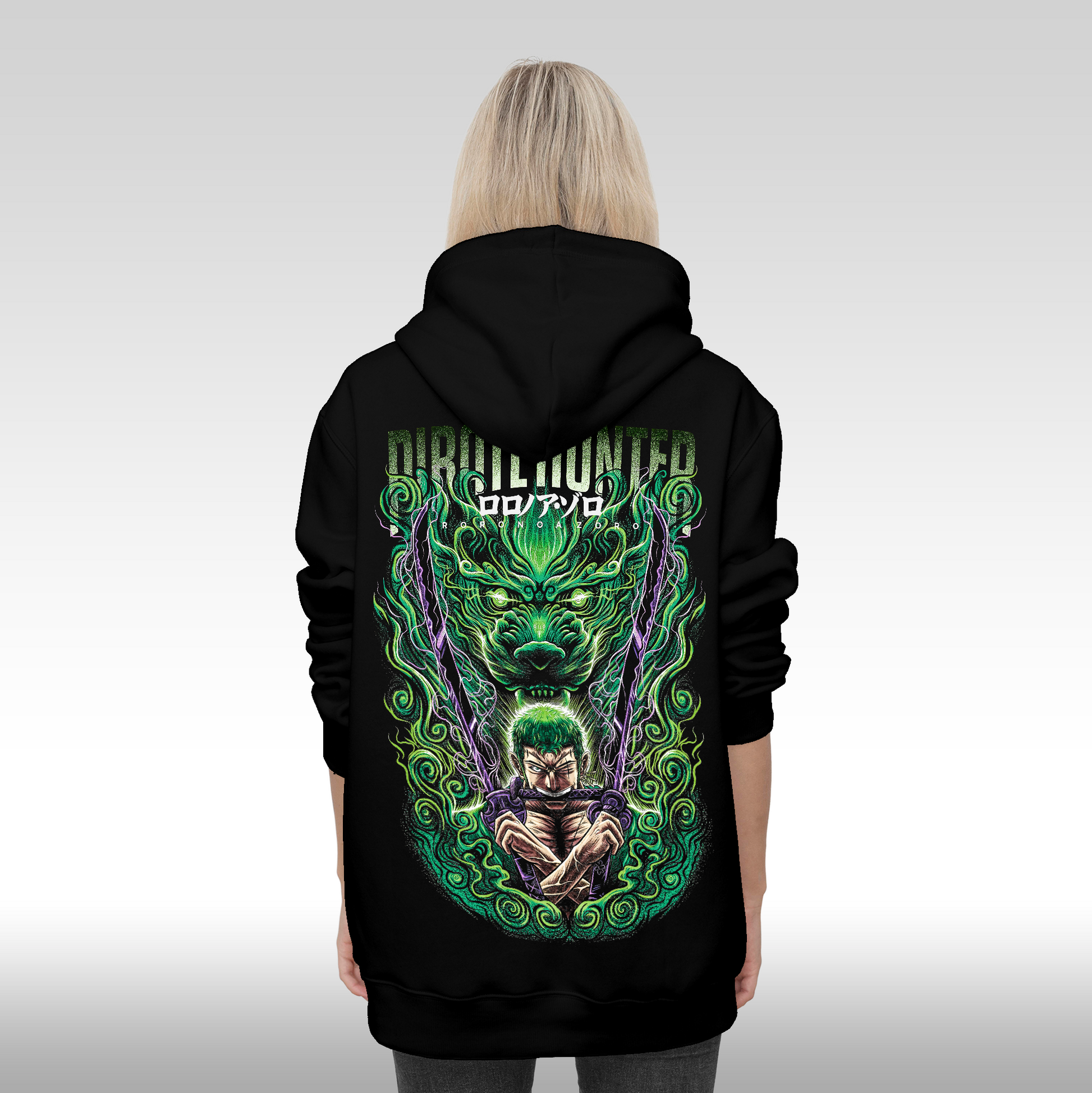 Hanorac Negru personalizat spate Dama anime "Pirate-Hunter-Roronoa-Zoro" streetwear
