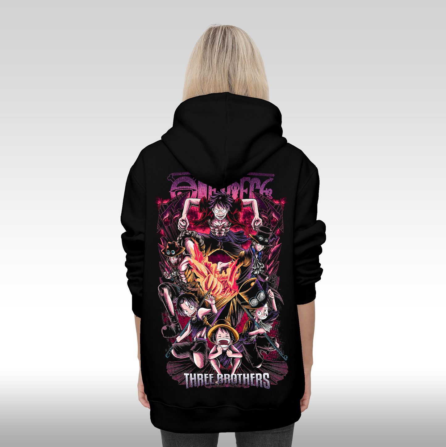 Hanorac Negru personalizat spate Dama anime "One Piece: Three Brothers" streetwear

