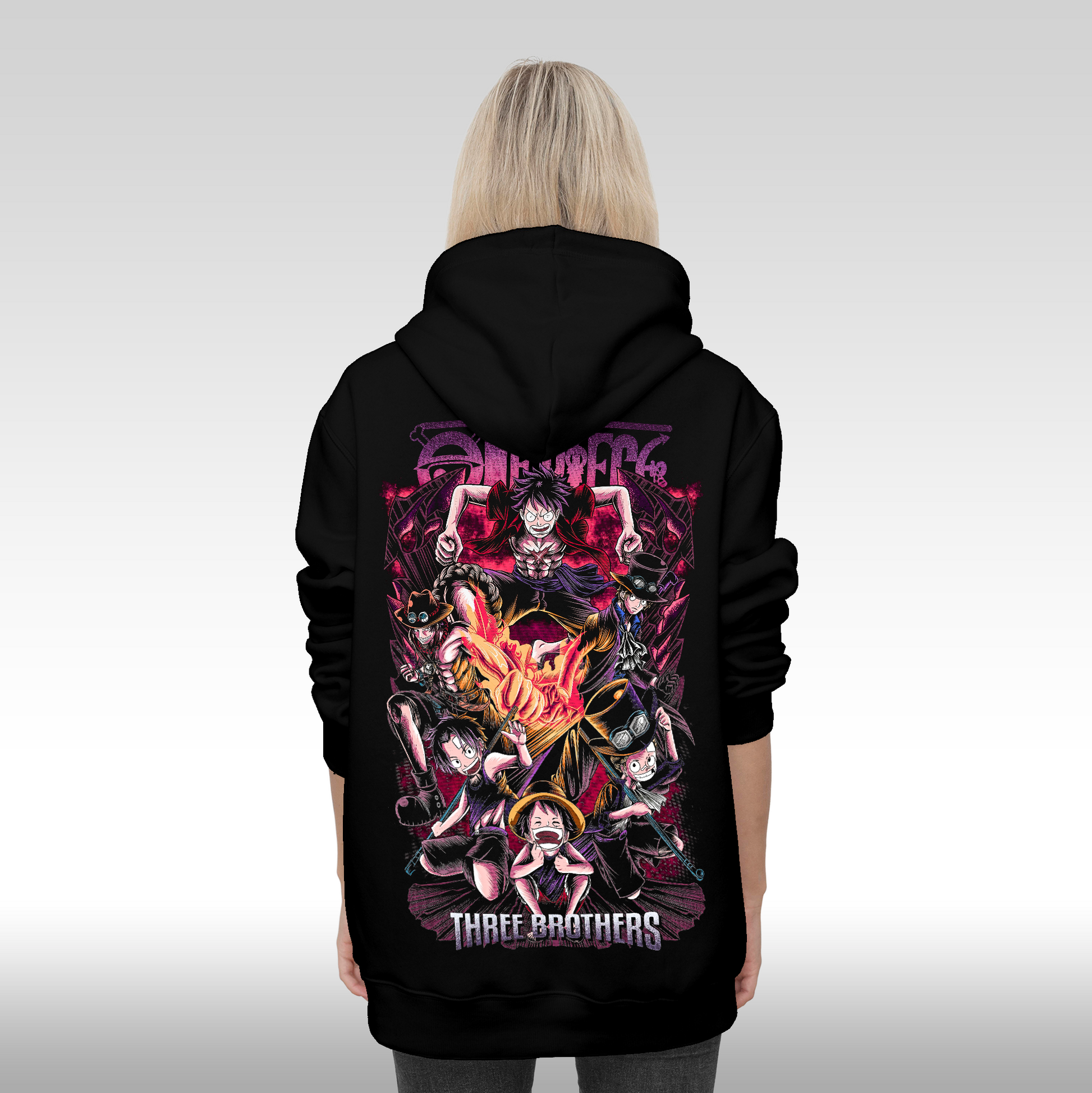 Hanorac Negru personalizat spate Dama anime "One Piece: Three Brothers" streetwear
