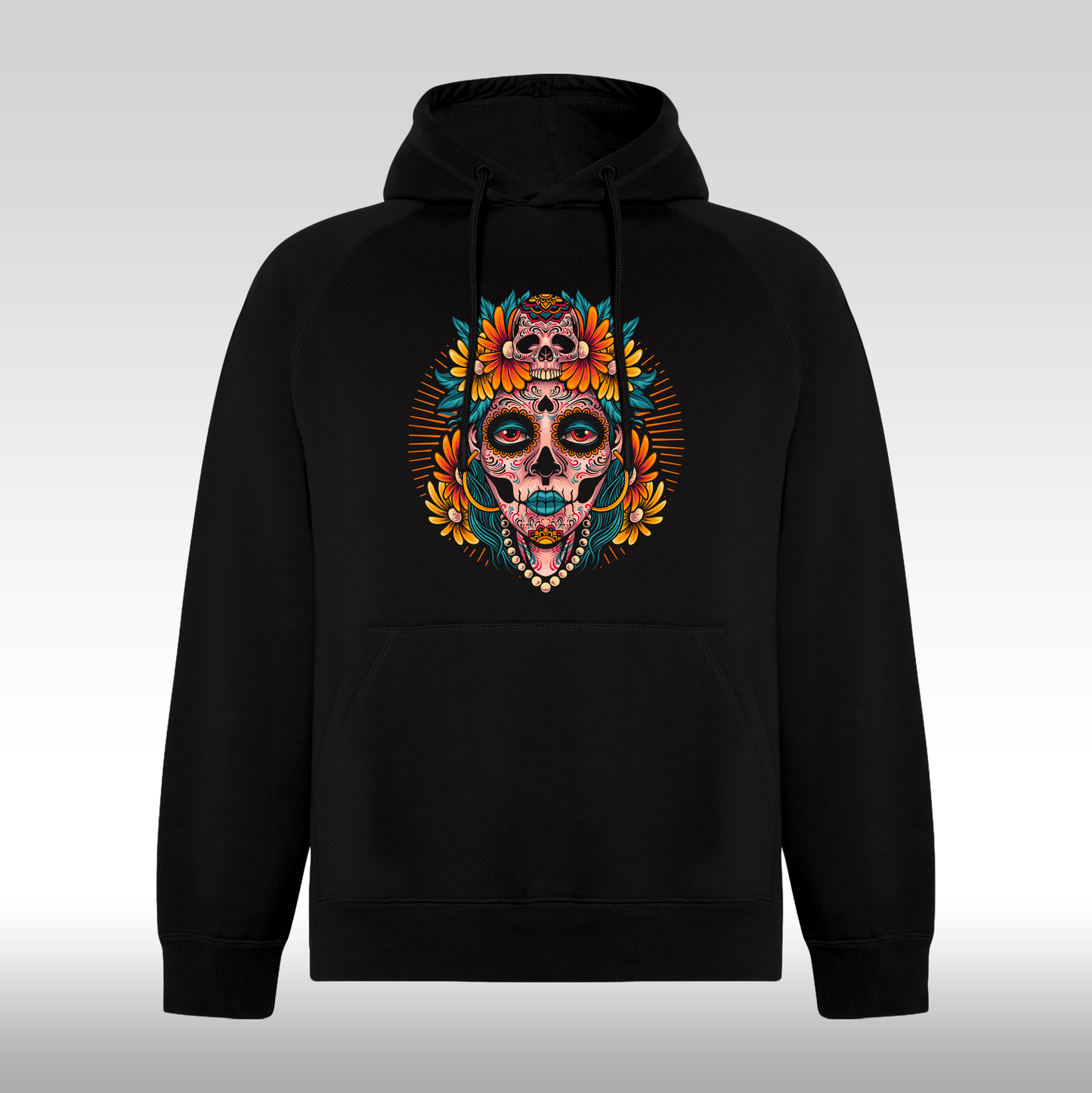 Hanorac Negru personalizat urban "La Catrina Floral" streetwear
