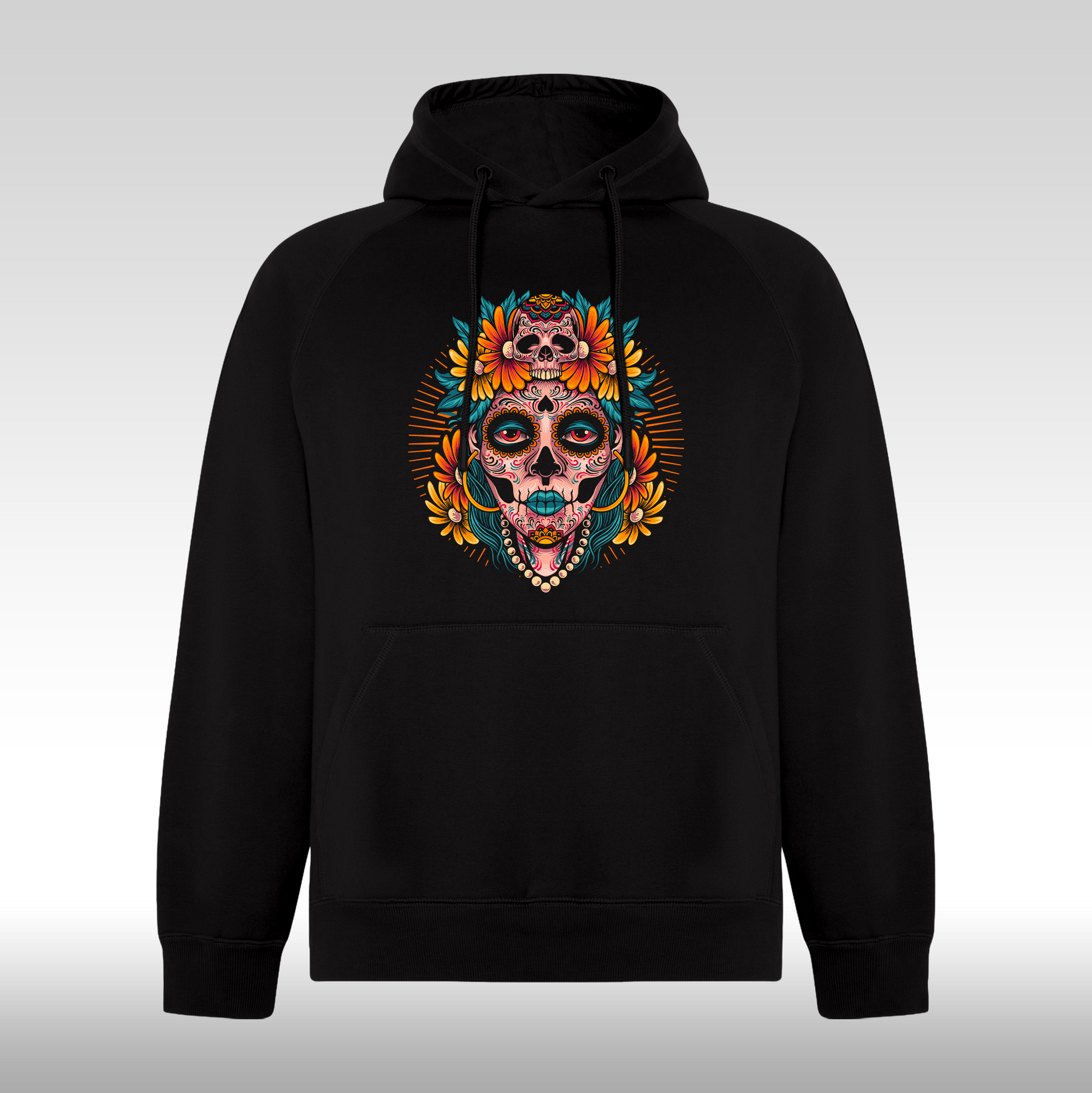 Hanorac Negru personalizat urban "La Catrina Floral" streetwear
