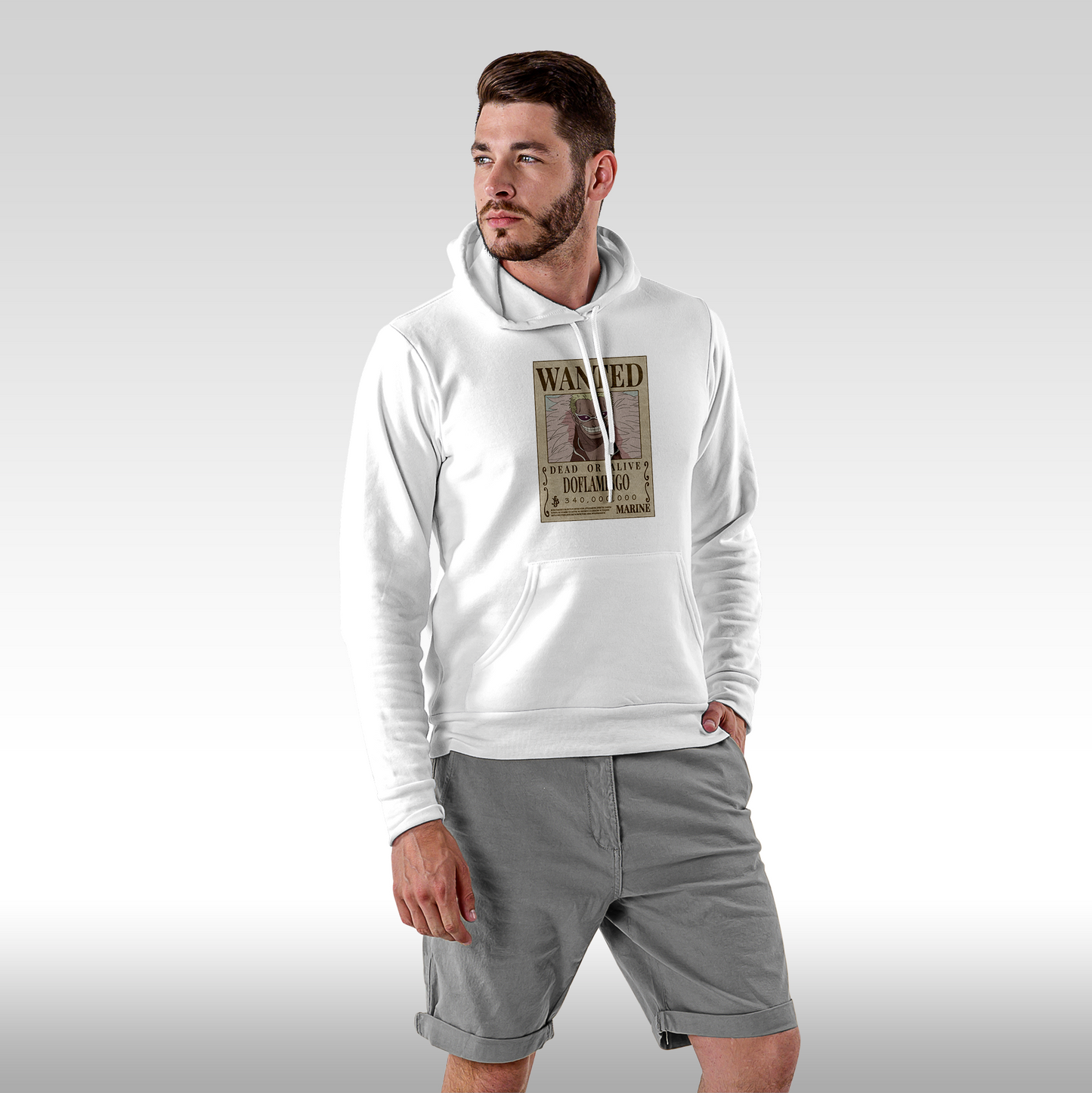 Hanorac alb personalizat Fata Barbat anime "WANTED : Doflamingo" streetwear
