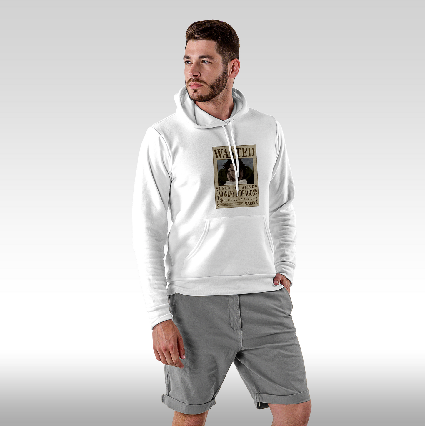 Hanorac alb personalizat Fata Barbat urban "WANTED : Monkey D Dragon" streetwear
