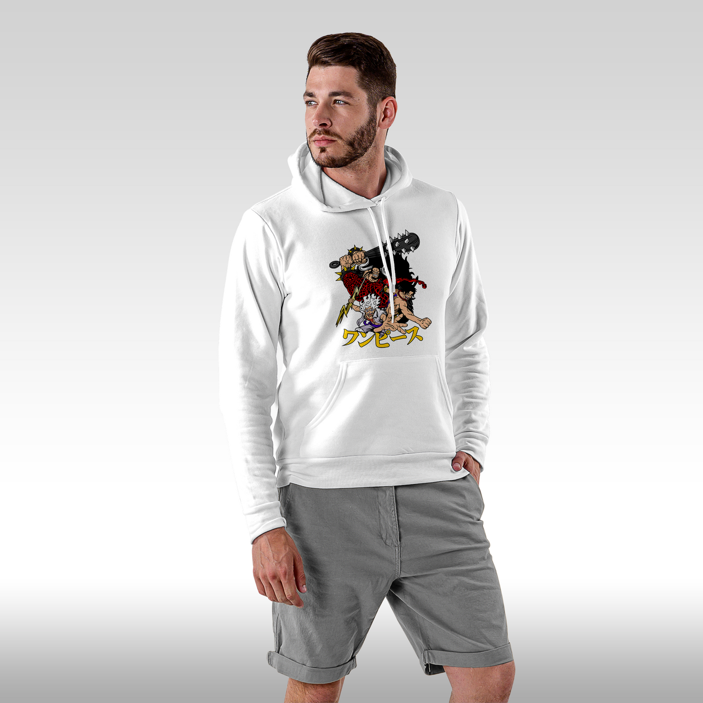 Hanorac alb personalizat Fata Barbat anime "Luffy Gear 5 x Kaido x Ace" streetwear
