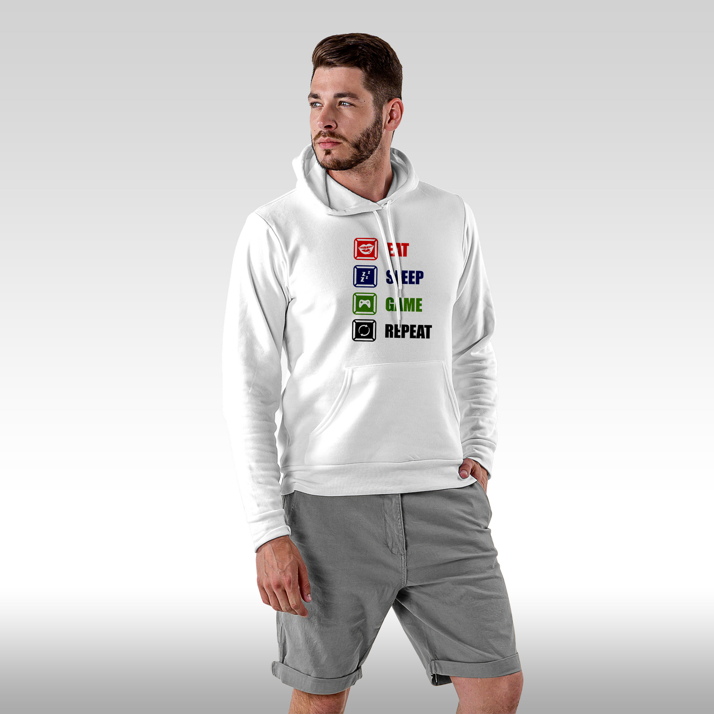 Hanorac alb personalizat Fata Barbat gaming "Eat, Sleep, Game, Repeat" streetwear
