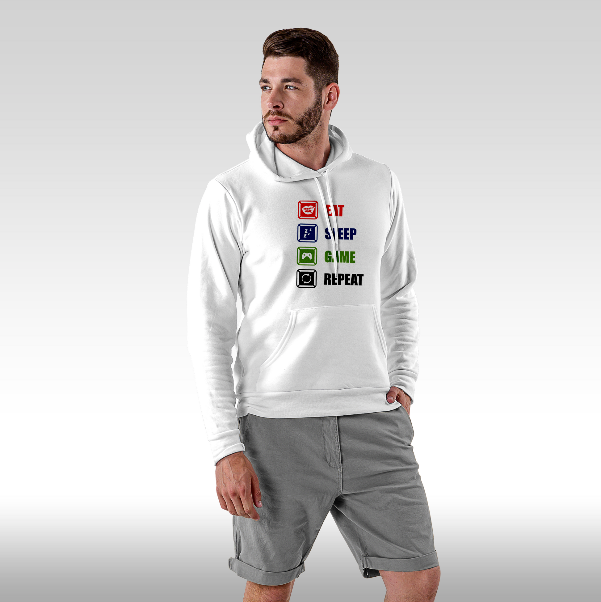 Hanorac alb personalizat Fata Barbat gaming "Eat, Sleep, Game, Repeat" streetwear

