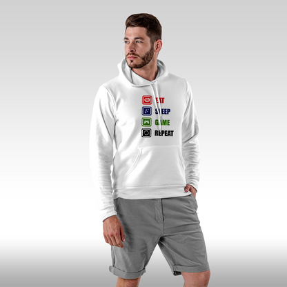 Hanorac alb personalizat Fata Barbat gaming "Eat, Sleep, Game, Repeat" streetwear
