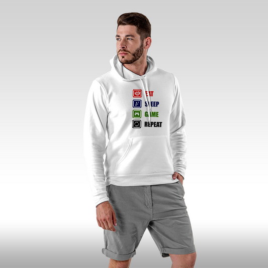 Hanorac alb personalizat Fata Barbat gaming "Eat, Sleep, Game, Repeat" streetwear

