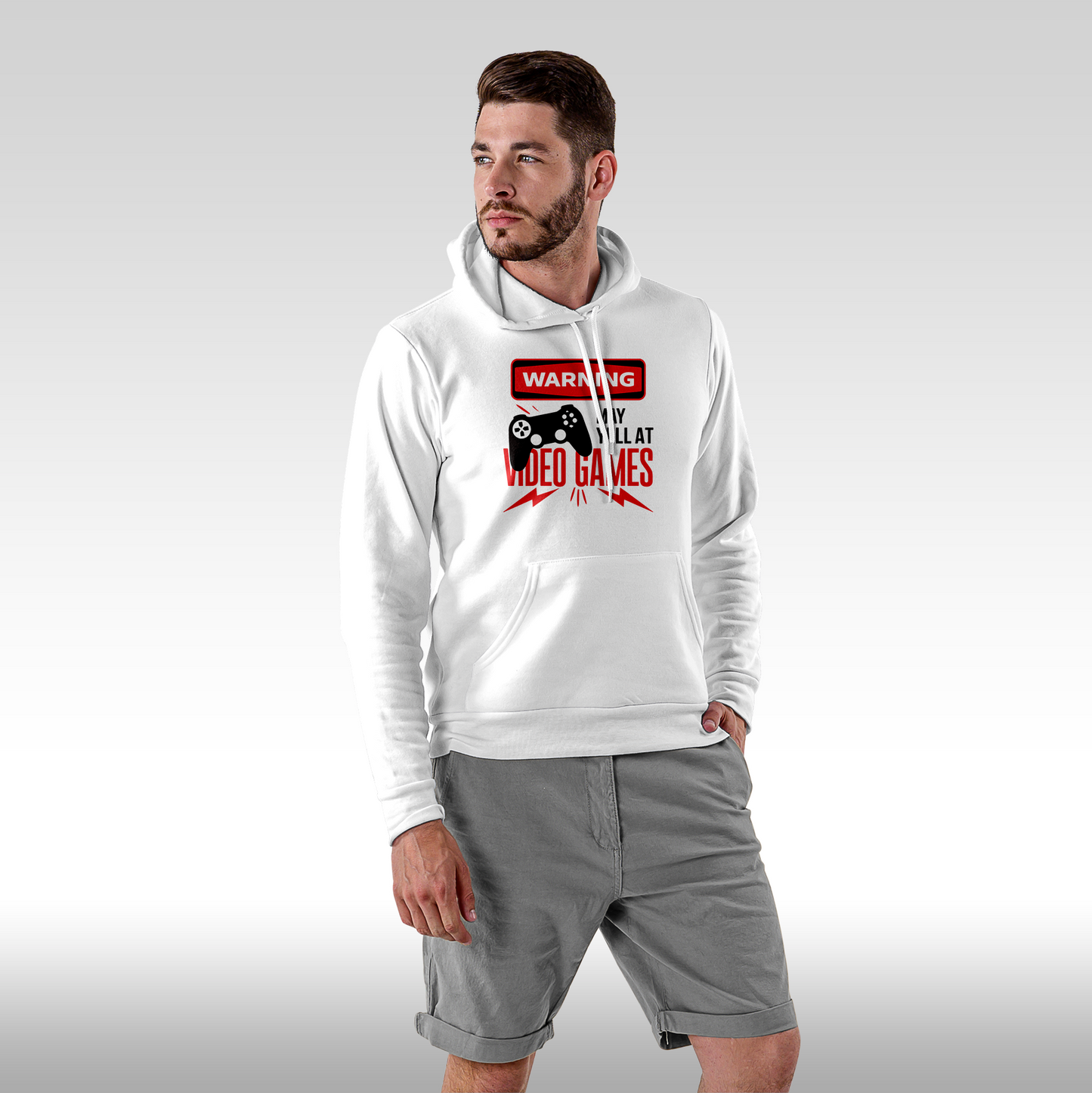 Hanorac alb personalizat Fata Barbat gaming "Warning, May Yell At Video Games" streetwear
