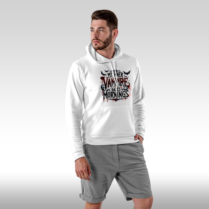 Hanorac alb personalizat Fata Barbat mesaj "My Inner Vampire Hates Mornings" streetwear
