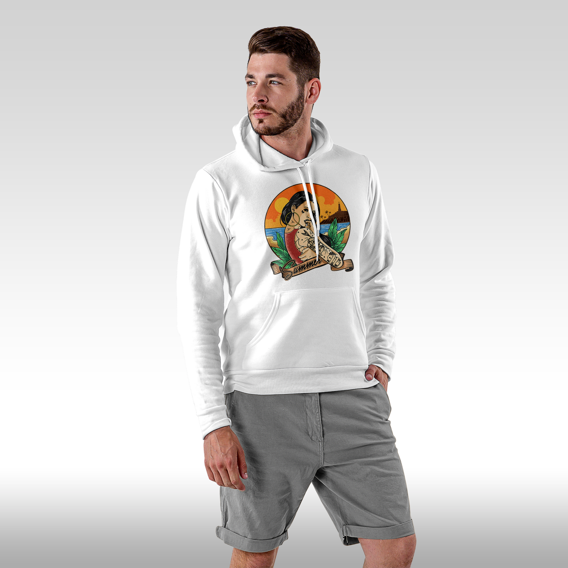 Hanorac alb personalizat Fata barbat urban "Summer Tattoo Girl" streetwear
