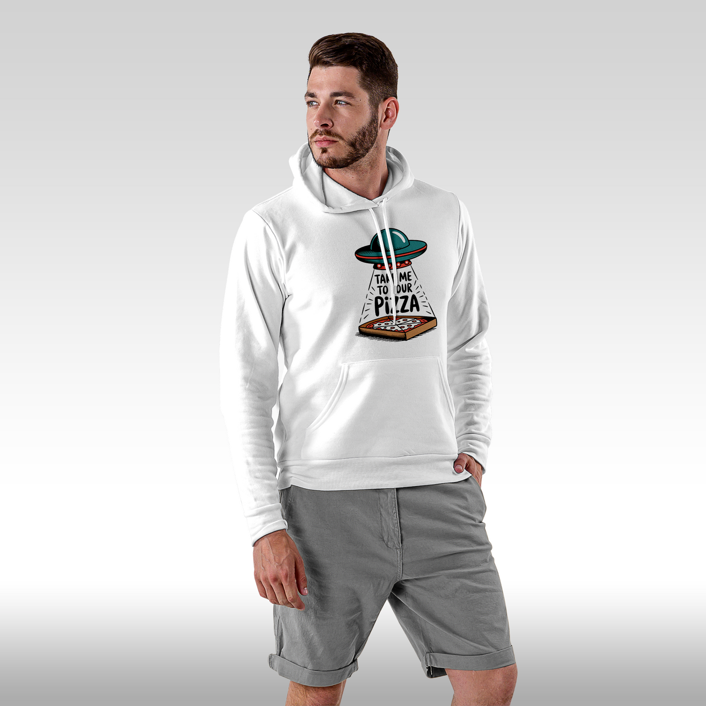 Hanorac alb personalizat Fata Barbat urban "Take Me To Your Pizza" streetwear
