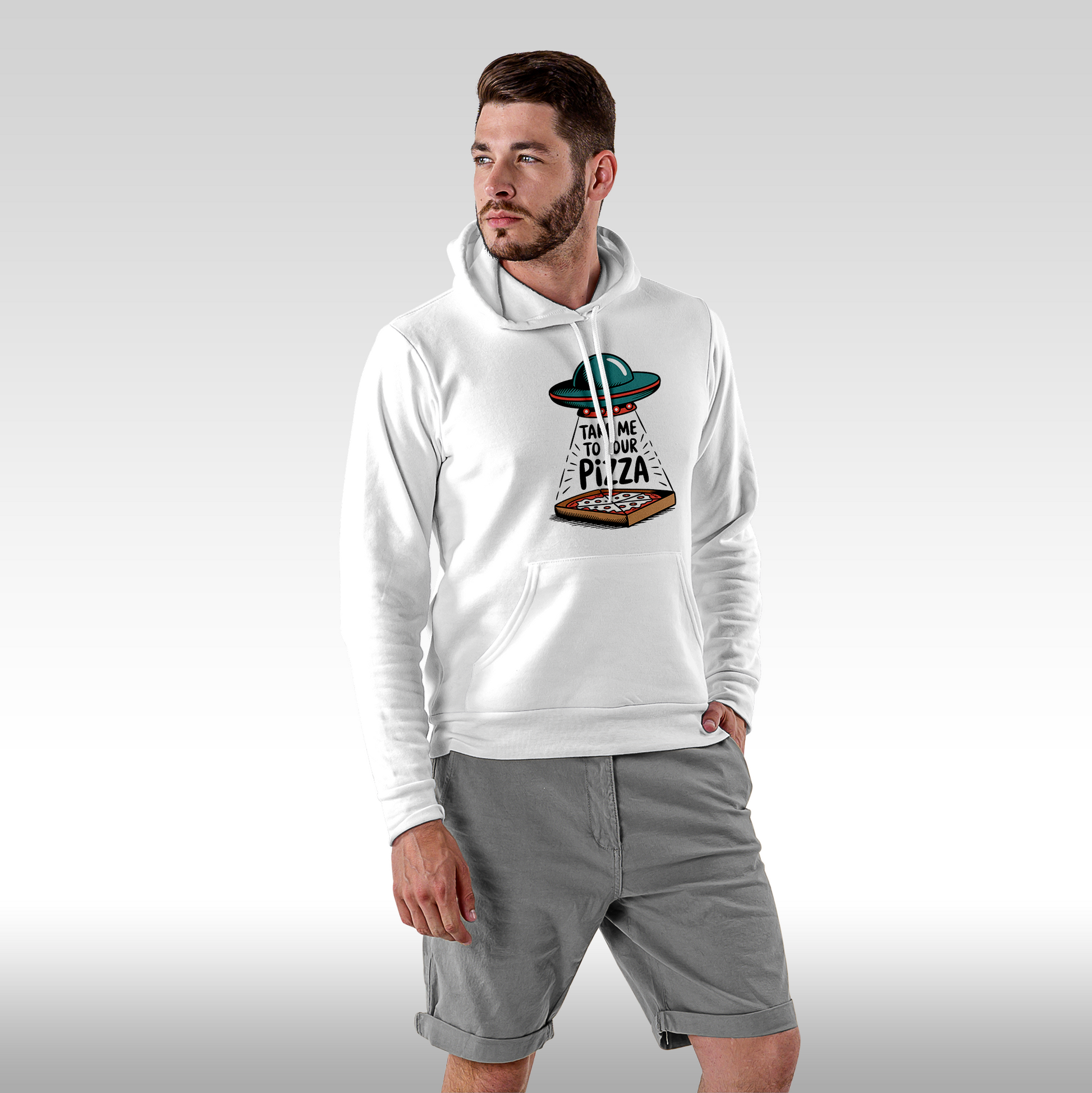 Hanorac alb personalizat Fata Barbat urban "Take Me To Your Pizza" streetwear
