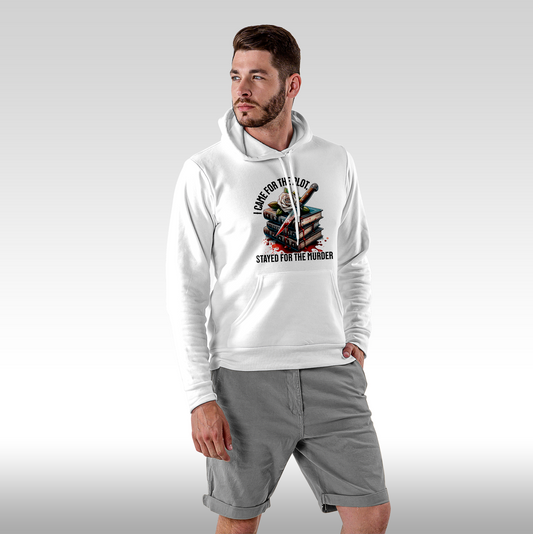 Hanorac alb personalizat Fata Barbat urban "I Came For The Plot, Stayed For The Murder" streetwear
