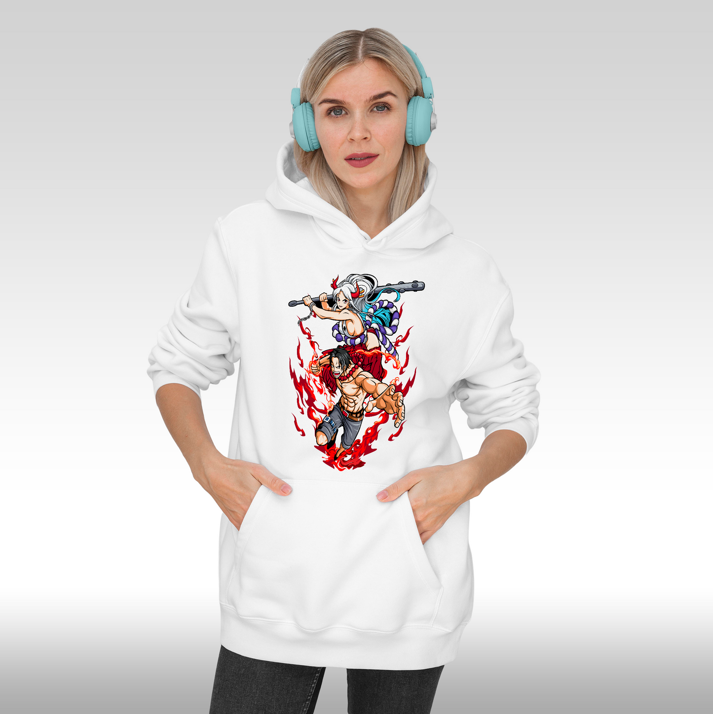 Hanorac alb personalizat Fata Dama anime "Ace x Yamato" streetwear.
