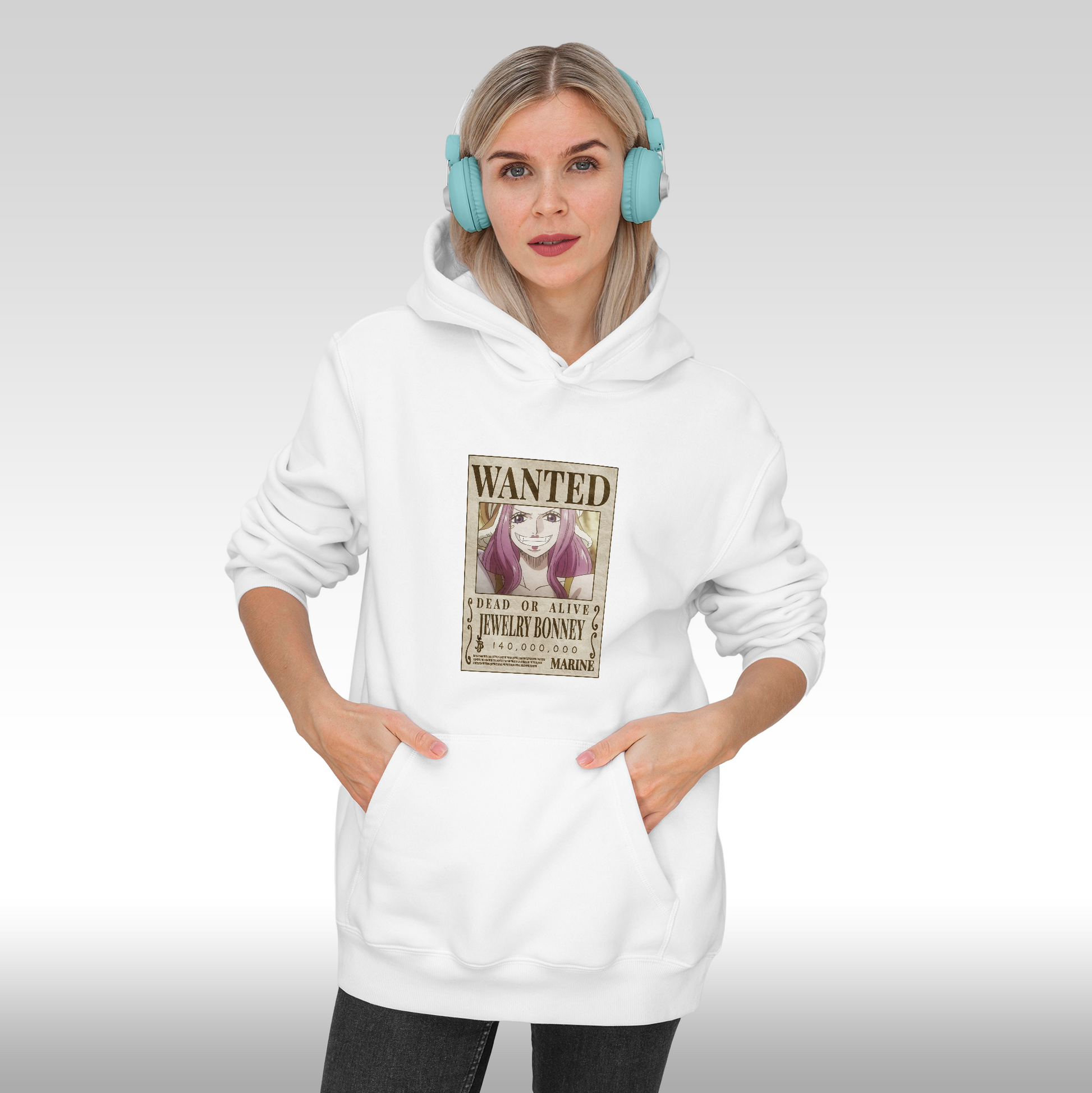 Hanorac alb personalizat Fata dama anime "WANTED : Jewelry Bonney" streetwear
