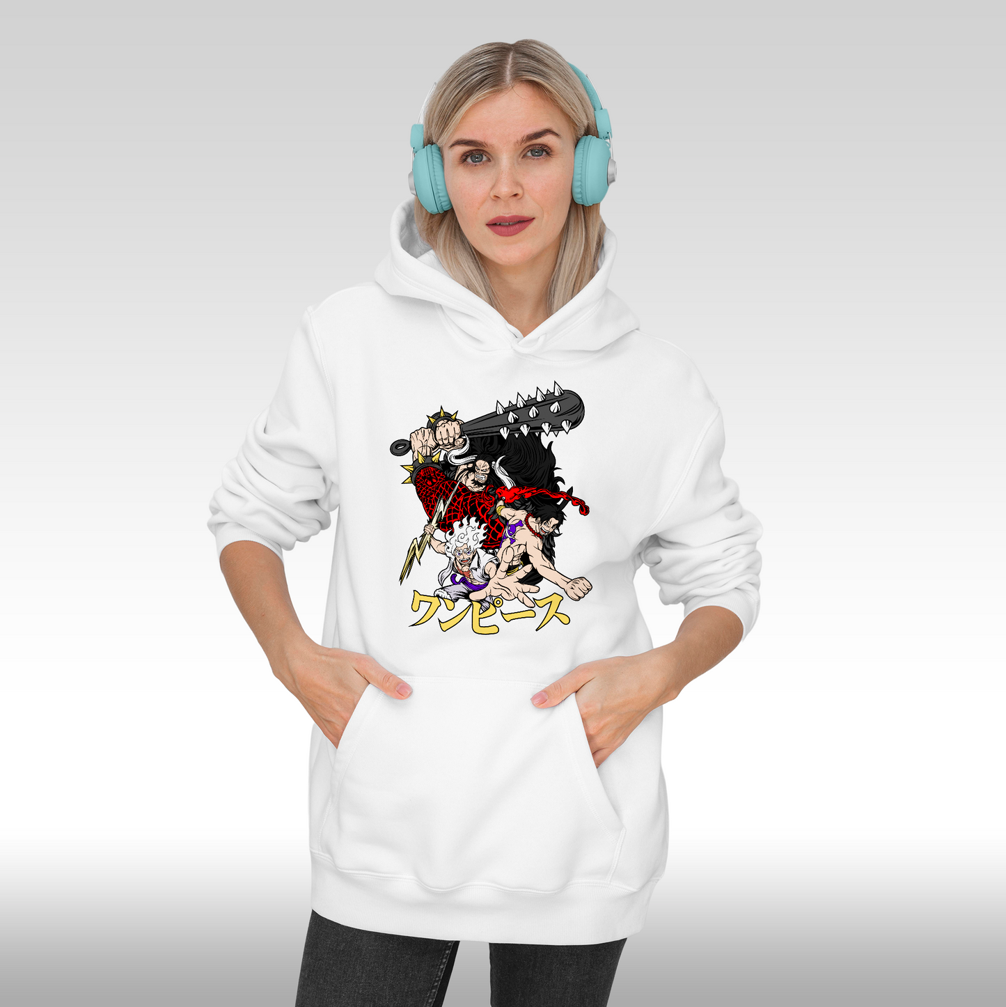 Hanorac alb personalizat Fata dama anime "Luffy Gear 5 x Kaido x Ace" streetwear
