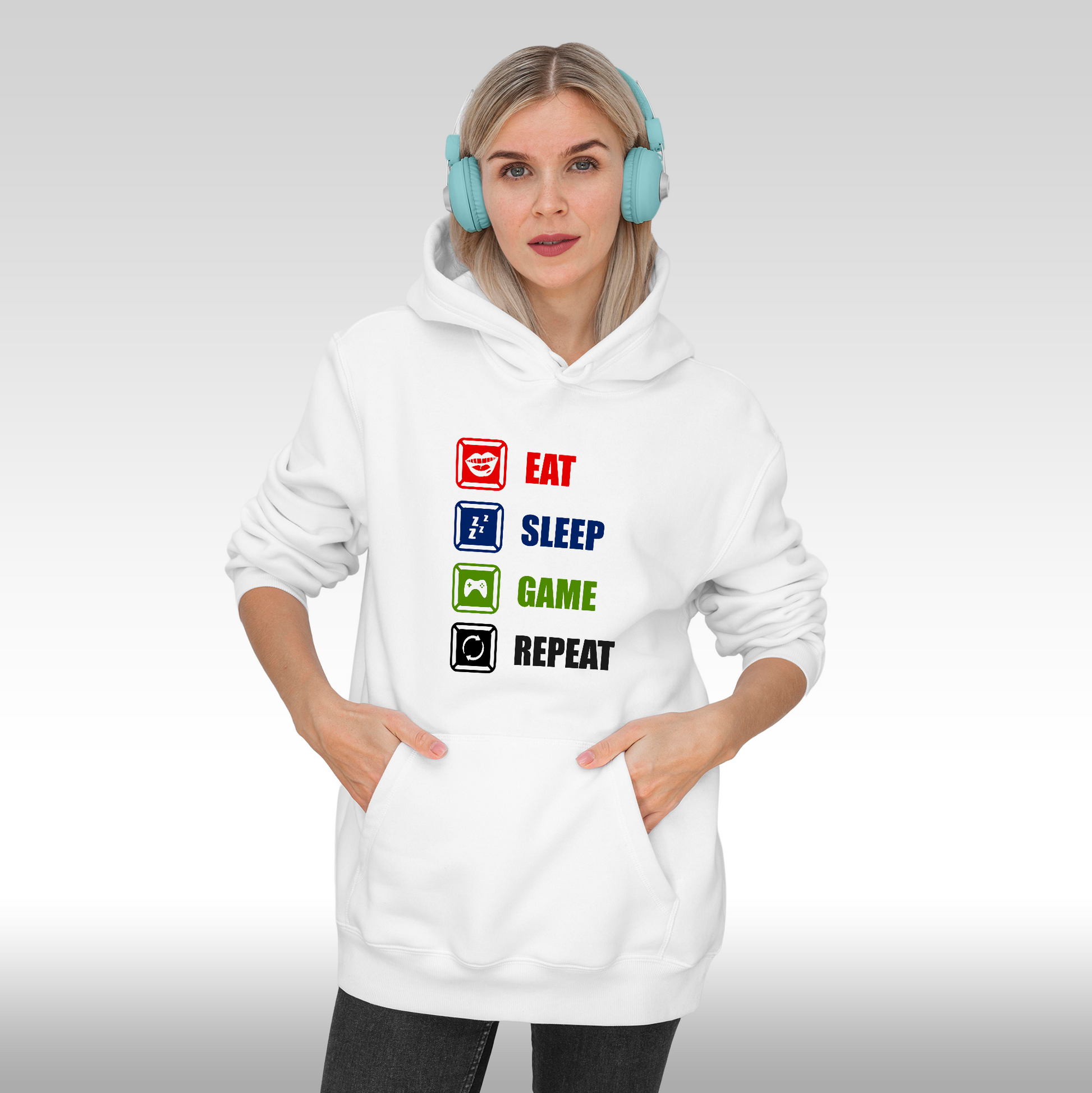 Hanorac alb personalizat Fata dama gaming "Eat, Sleep, Game, Repeat" streetwear

