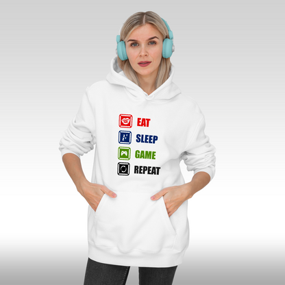 Hanorac alb personalizat Fata dama gaming "Eat, Sleep, Game, Repeat" streetwear
