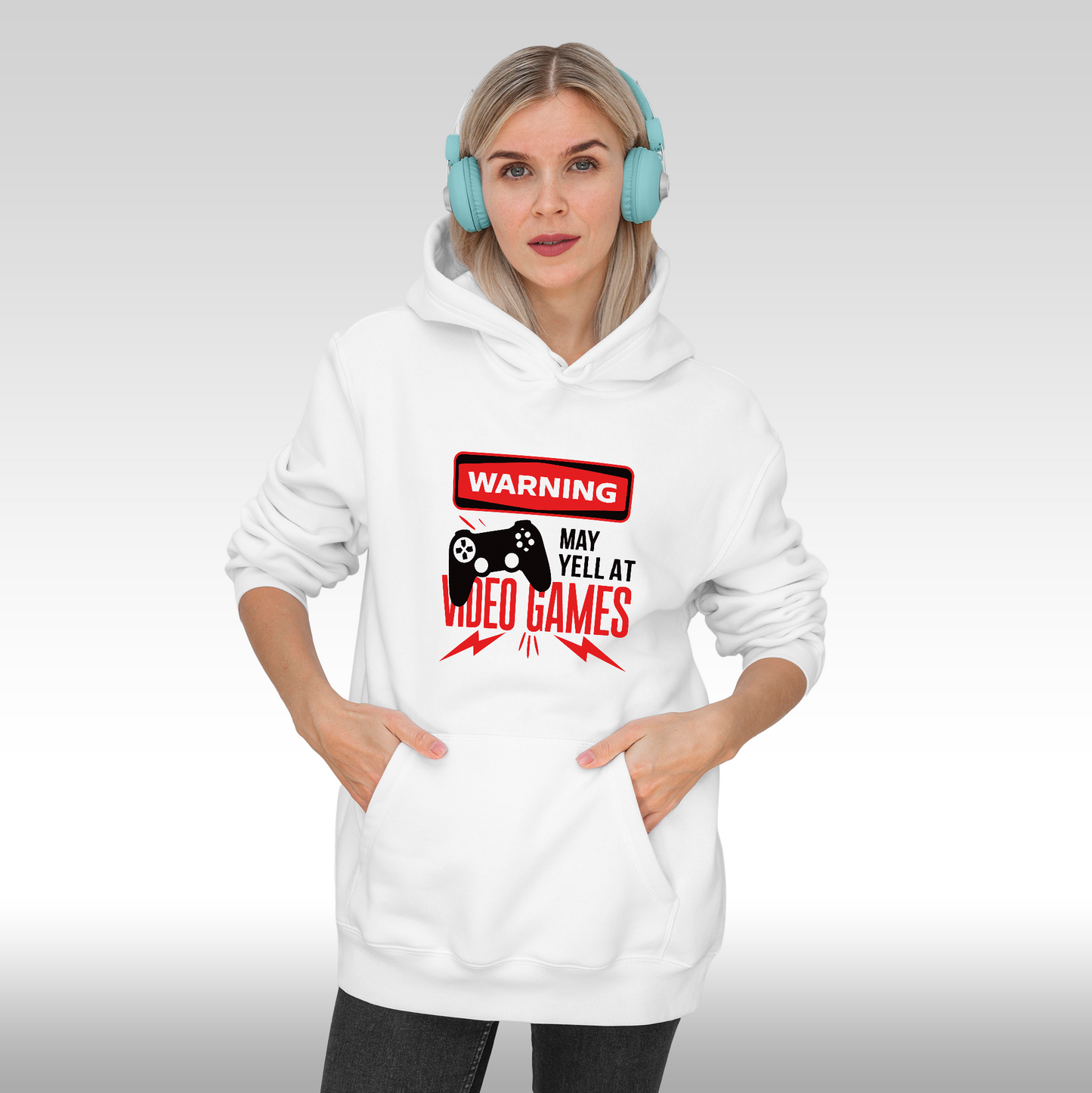 Hanorac alb personalizat Fata dama gaming "Warning, May Yell At Video Games" streetwear
