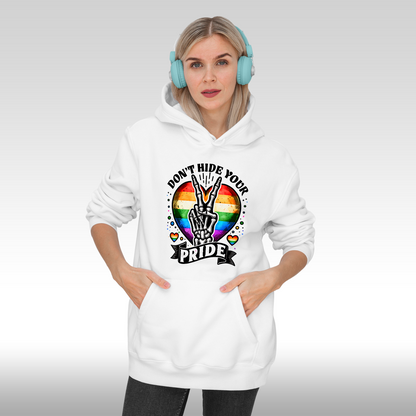 Hanorac alb personalizat Fata dama lgbtq "Don't Hide Your Pride" streetwear

