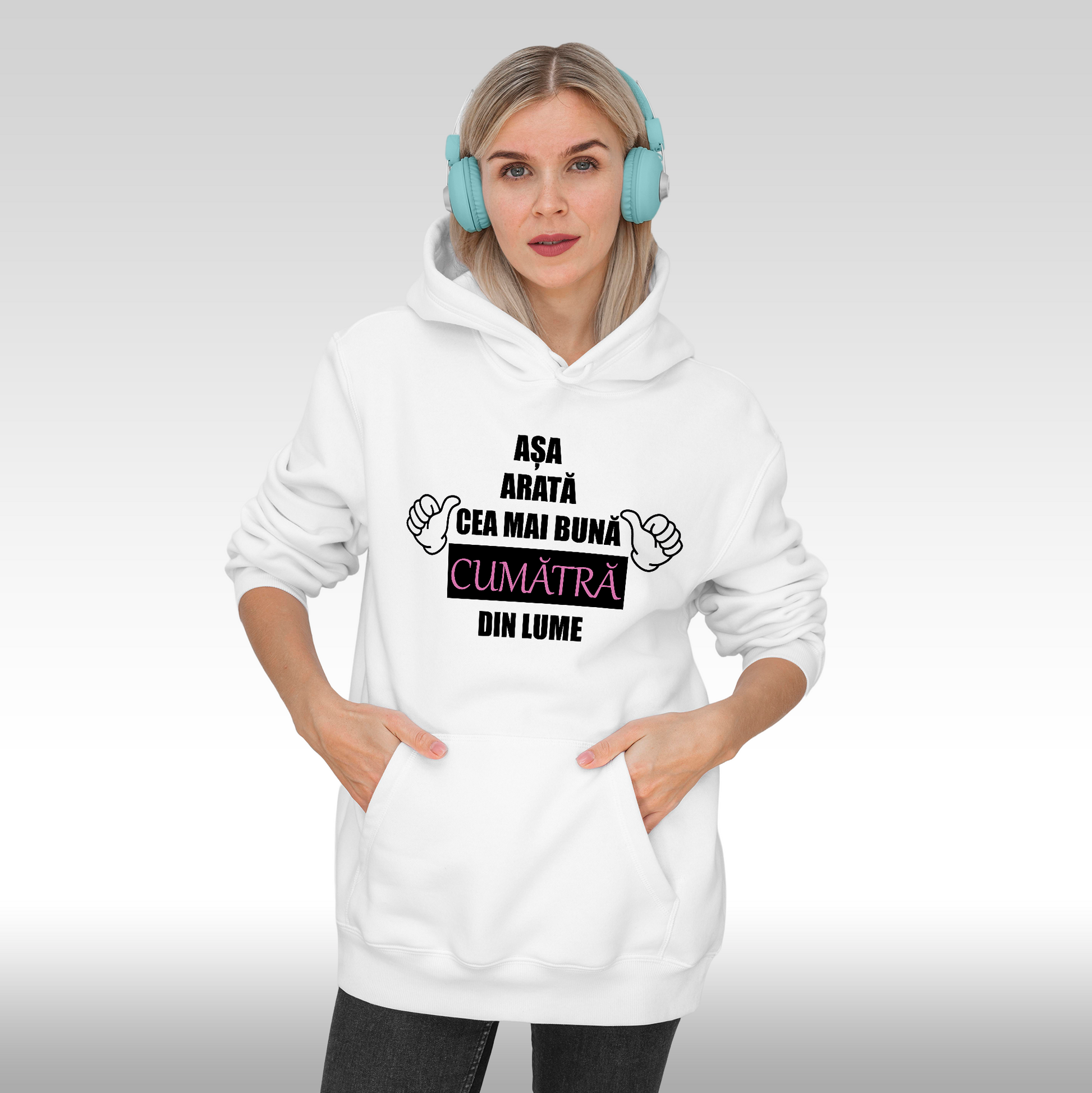 Hanorac alb personalizat Fata Dama mesaj "Asa Arata Cea Mai Buna Cumatra Din Lume" streetwear
