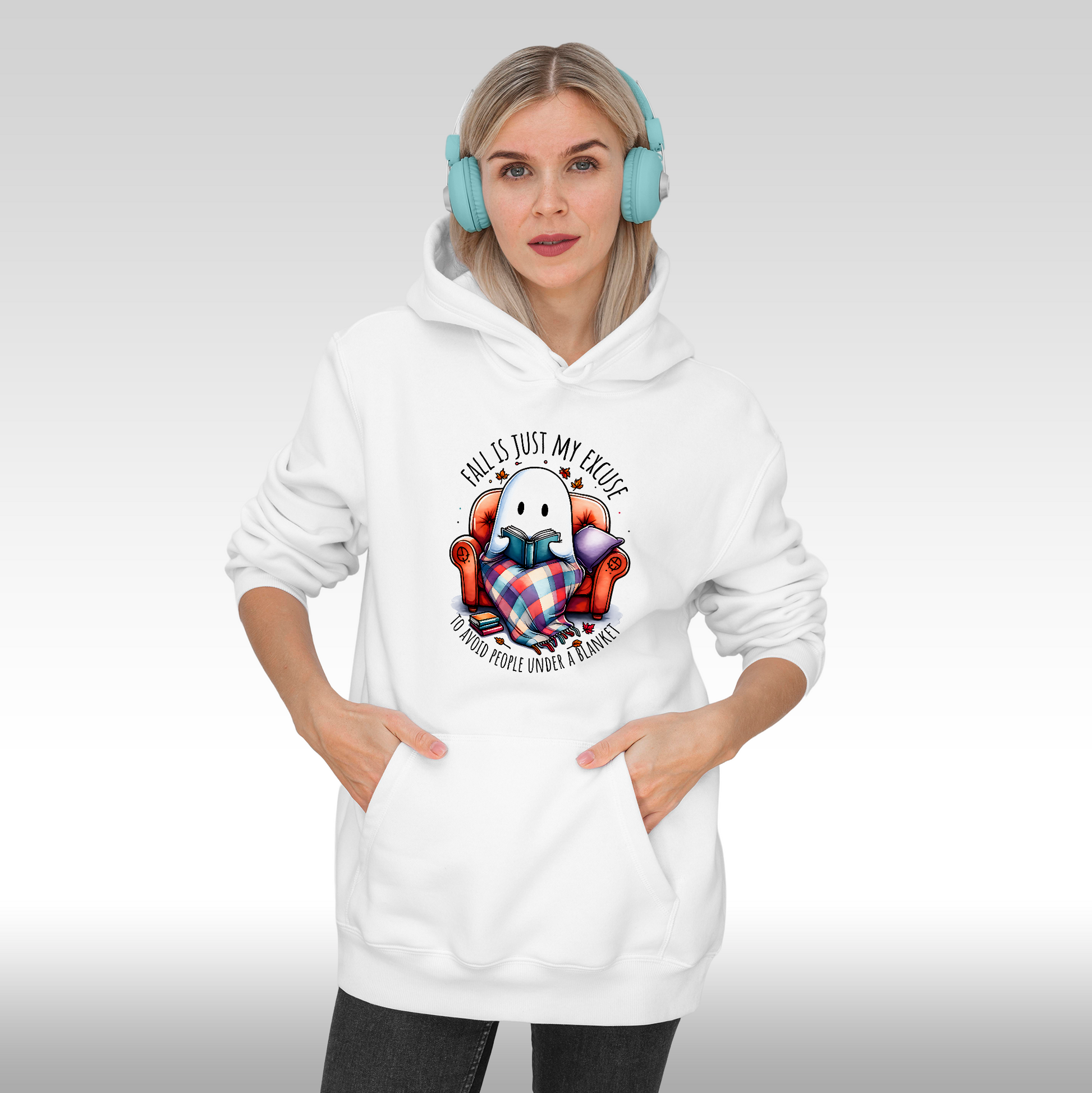 Hanorac alb personalizat Fata dama mesaj "Fall Is Just My Excuse To Avoid People Under A Blanket" streetwear
