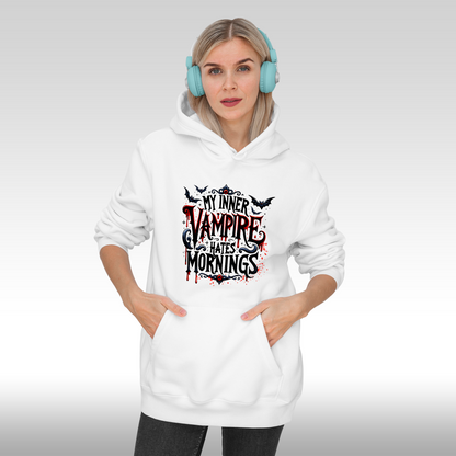 Hanorac alb personalizat Fata dama mesaj "My Inner Vampire Hates Mornings" streetwear
