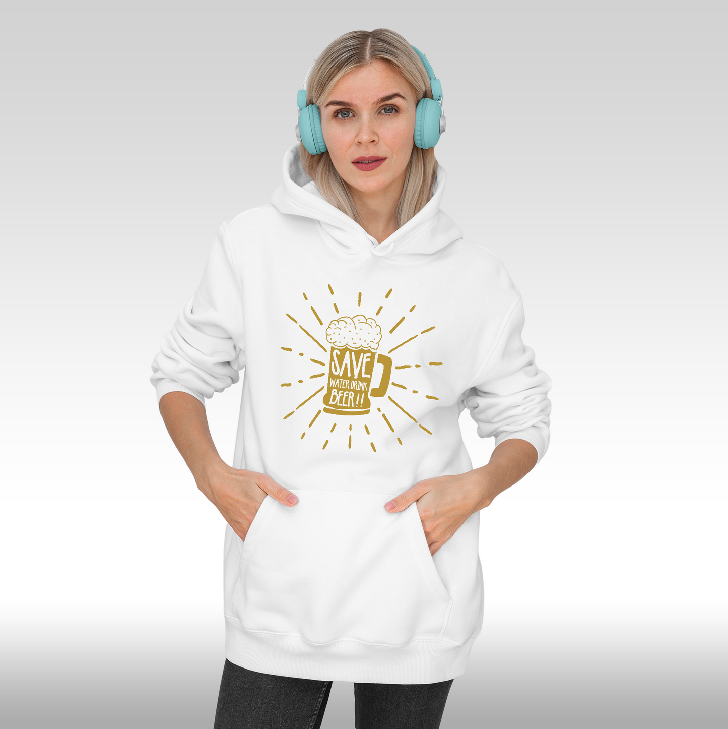 Hanorac alb personalizat Fata dama mesaj "Save Water Drink Beer" streetwear
